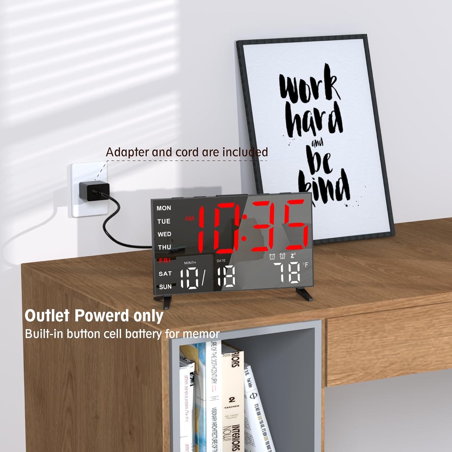 Mirror Digital Loud Alarm Clock,Indoor Temperature,USB Charging Port,Dimmer,Dual Alarms,Adjustable Volum,12/24H,Snooze,Perfect for Bedroom and Living Room (Black+Red Digit)