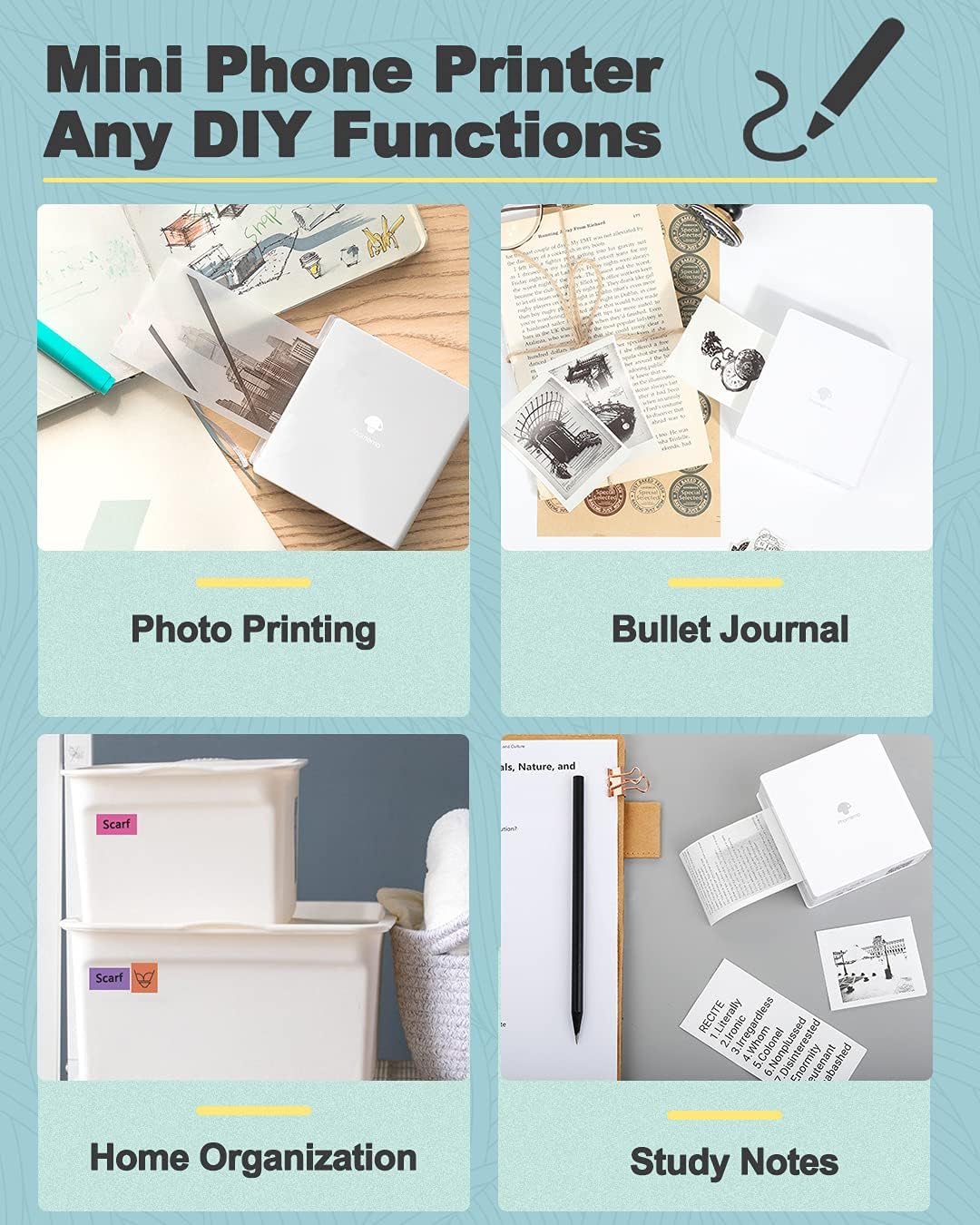 Phomemo Sticker Printer- Mini Thermal Sticker Printer Machine, Small Pocket Label Maker Instant Print for DIY Creation, Study Notes, Photos, Portable Inkless Photo Maker for Kids/Students, White