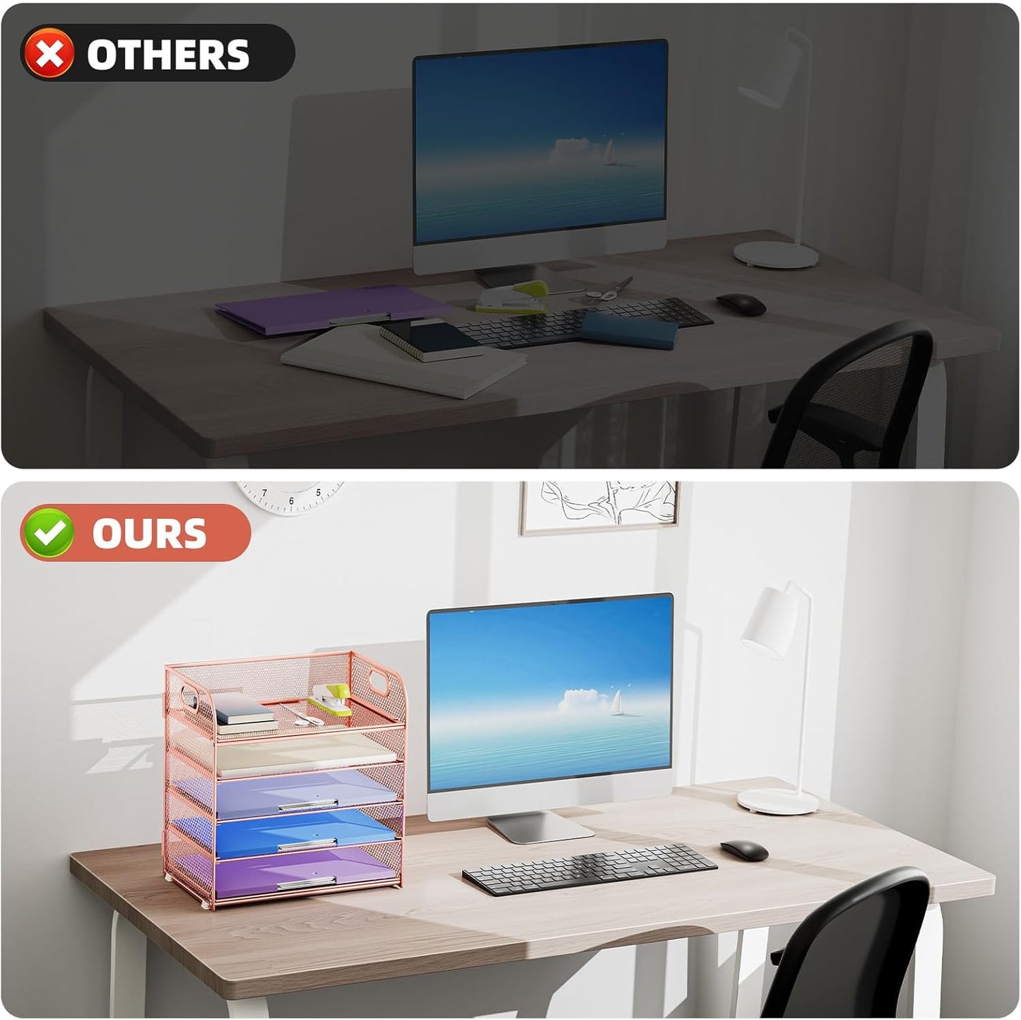 Marbrasse 5 Tier Paper Organizer Letter Tray, Mesh Desk File Organizer with Handle, Paper Sorter Desk Organizer for Home Office Supplies - Rose Gold