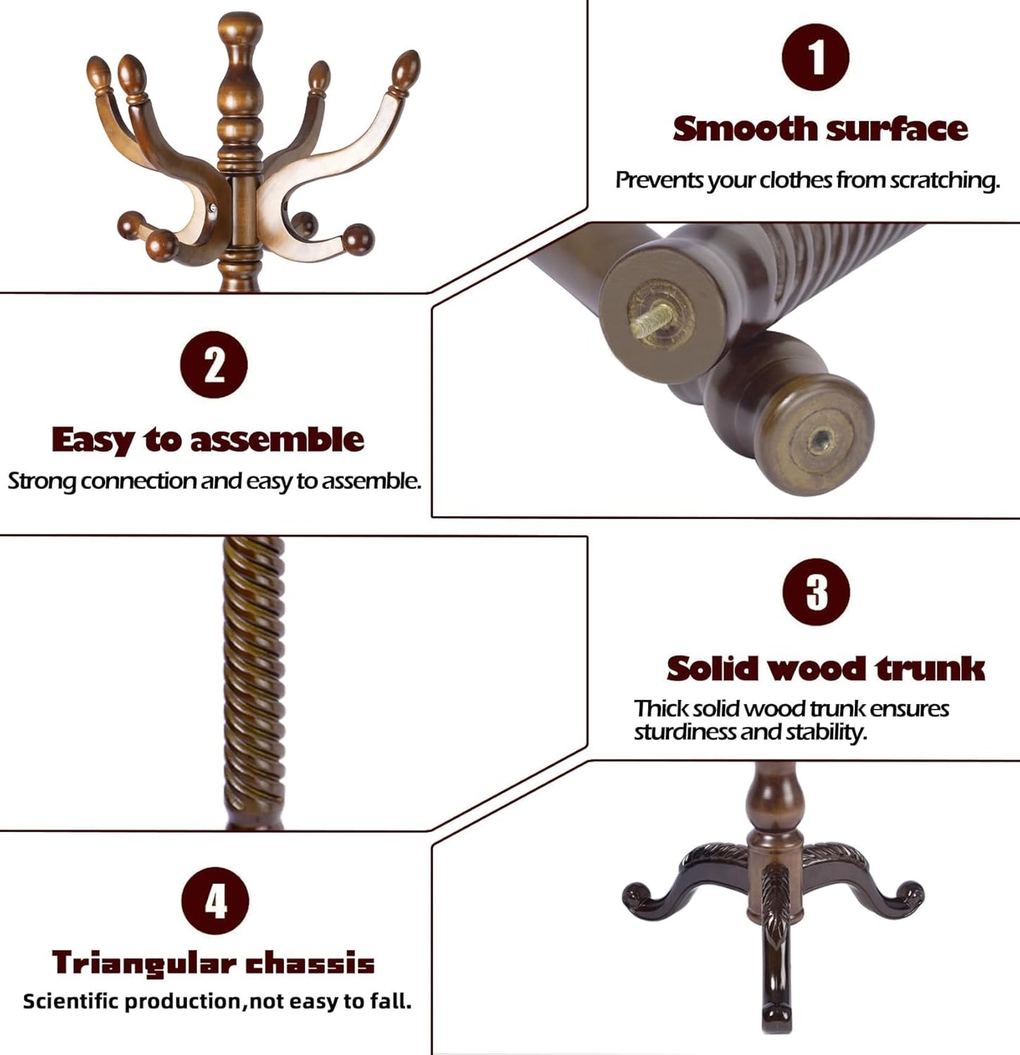 Coat Racks Free Standing with 11 Hooks, Natural Wood Coat Stands for Entryway, Adjustable Height 74 in Tree Coat Rack Stand for Hallway Home Office Bedroom (Brown Triangle)