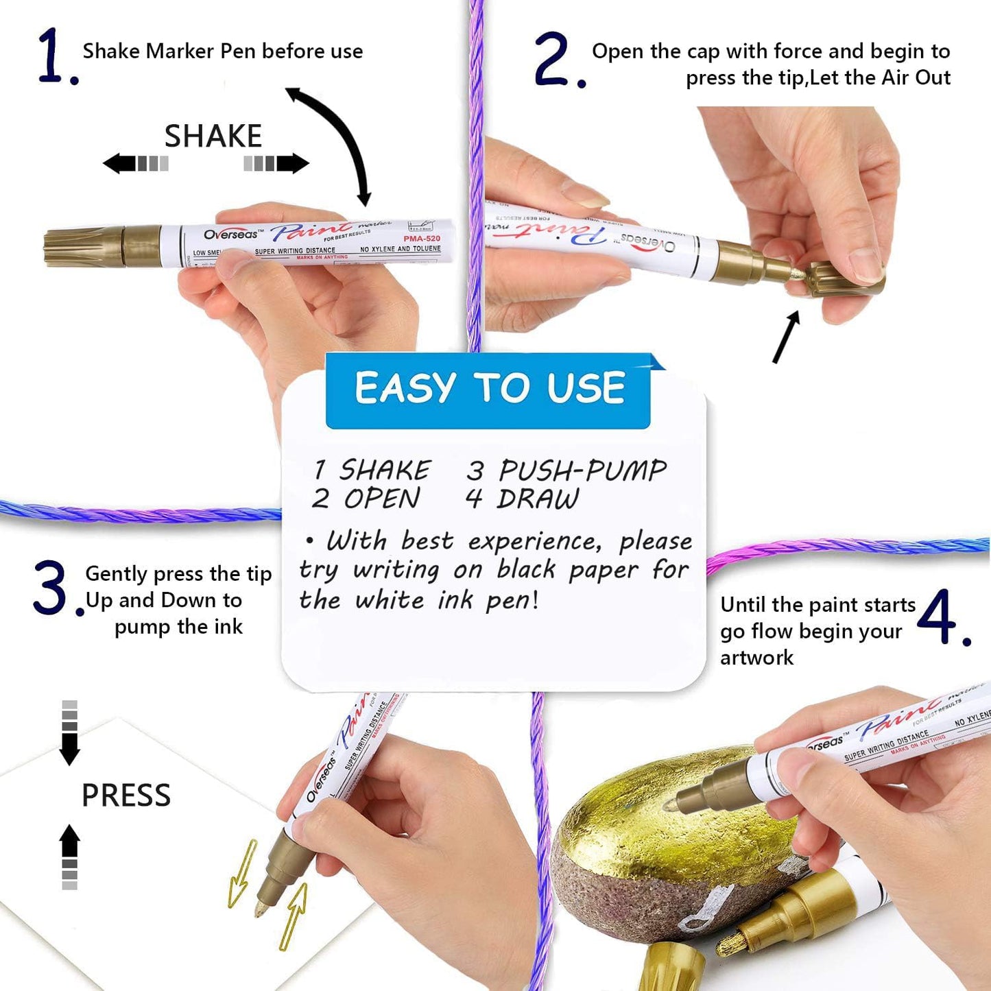 Paint markers, 6 colors oil-based waterproof quick dry permanent pen set for rocks painting, wood, fabric, plastic, canvas, glass, metal, tire, stone, diy craft (Gold Sliver Red Yellow Blue Green)