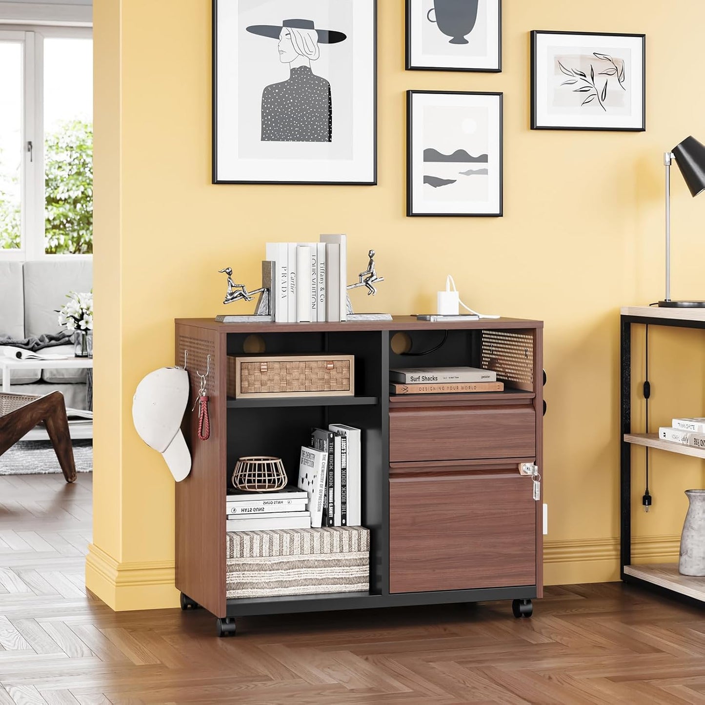 Mobile 2 Drawer File Cabinet,Metal File Cabinet with Lock，Lateral Printer Stand Filling Storage Cabinet for Home Office-A4/F4/Letter(Charging Socket)