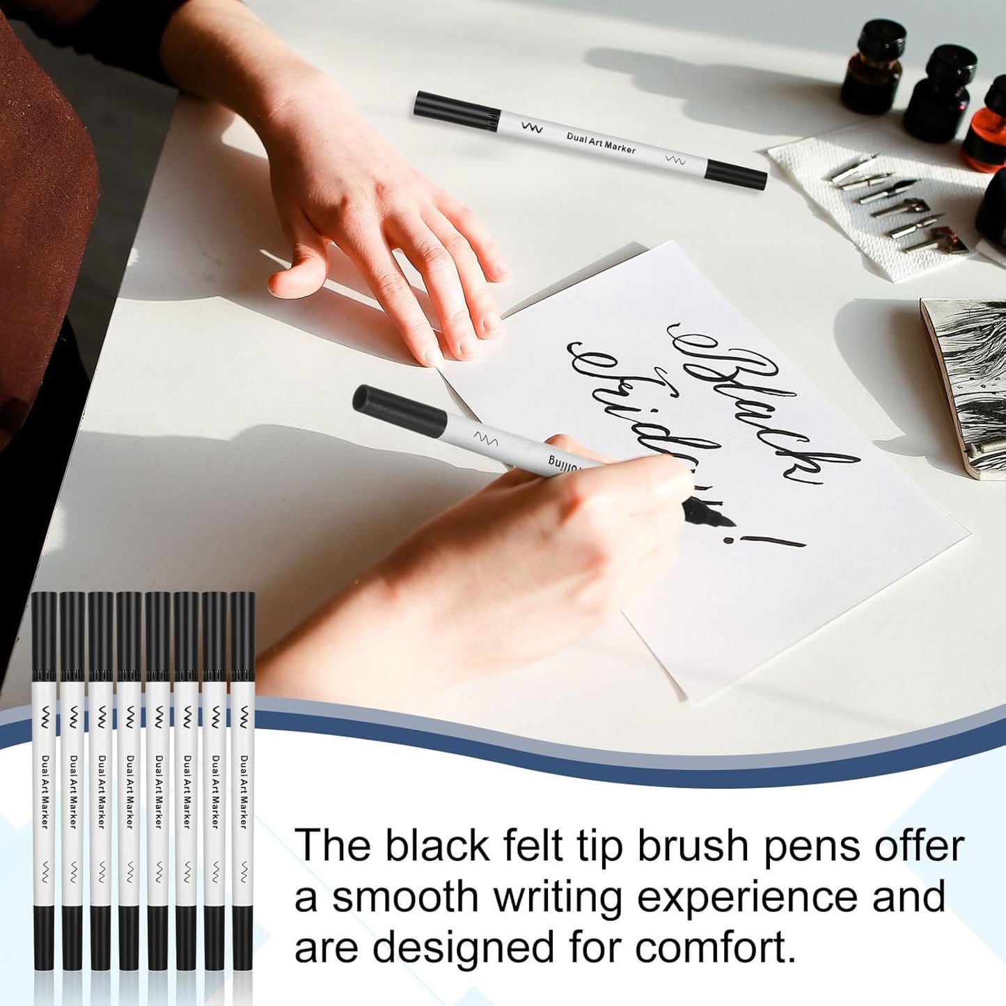 150 Pcs Black Drawing Pens Bulk Dual Brush Fineliners Pens Felt Tip Markers for Art Drawing Sketching