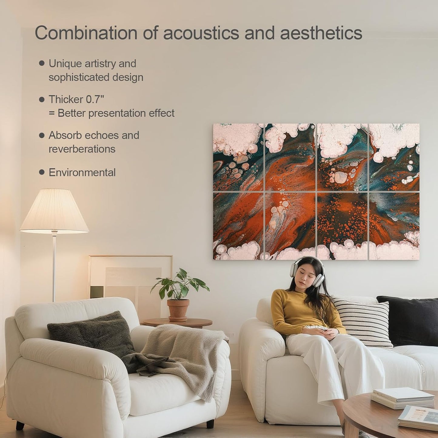 UMIACOUSTICS 8 Pcs 0.7Inch Thick Art Acoustic Panels, Total 47.2” x 31.5” Decorative Sound Absorbing Art Panels, Acoustical Wall Panels for Home, Office, Hotel, Orange-Light Leaping-Cloud