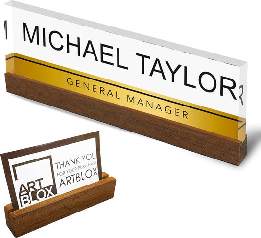 Artblox Personalized Office Desk Name Plate with Business Card Holder | Clear Acrylic Glass with Teak Wood Stand | Gold Stripe Design Customized with Your Name and Credentials Office Desk Décor