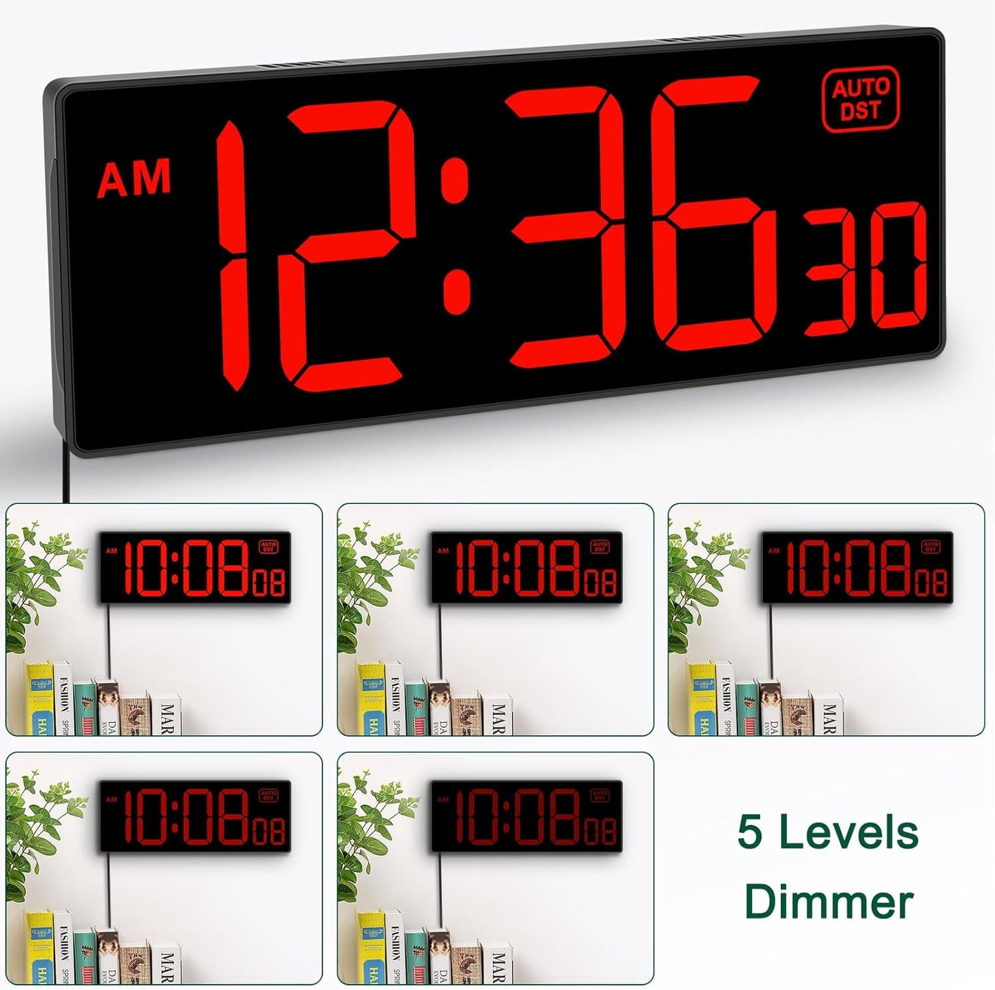 Soobest LED Digital Wall Clock, Large Digital Clock Bold Numbers with Seconds for Seniors Visually Impaired，Plug Electric Clock Dimmable Auto DST Large Display 10 Inches (Red)