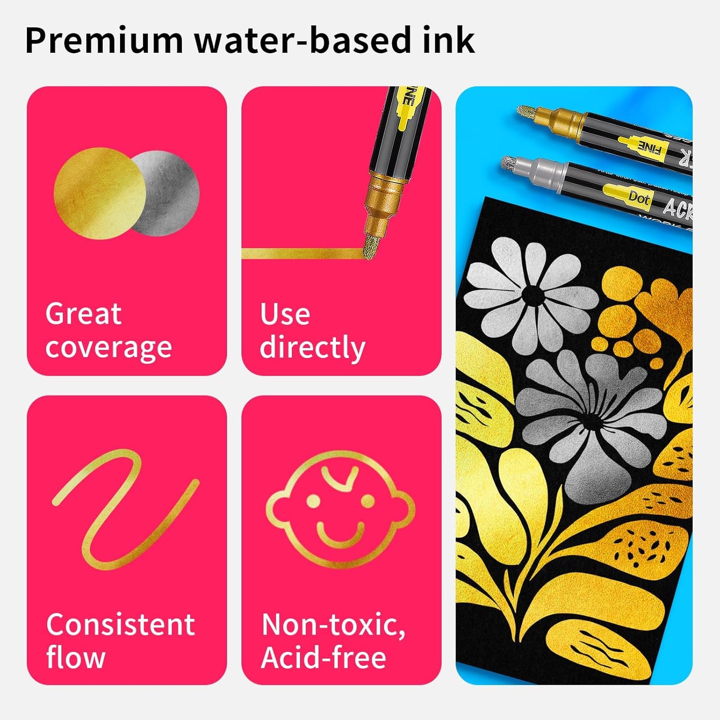 NAWOD 6 Gold and Silver Acrylic Paint Pens Markers, with Fine Tip and Medium Tip, for Rock Painting, Fabric, Canvas, Glass, Wood, Paper, DIY, Ceramic, Paint Markers for Kids and Adults