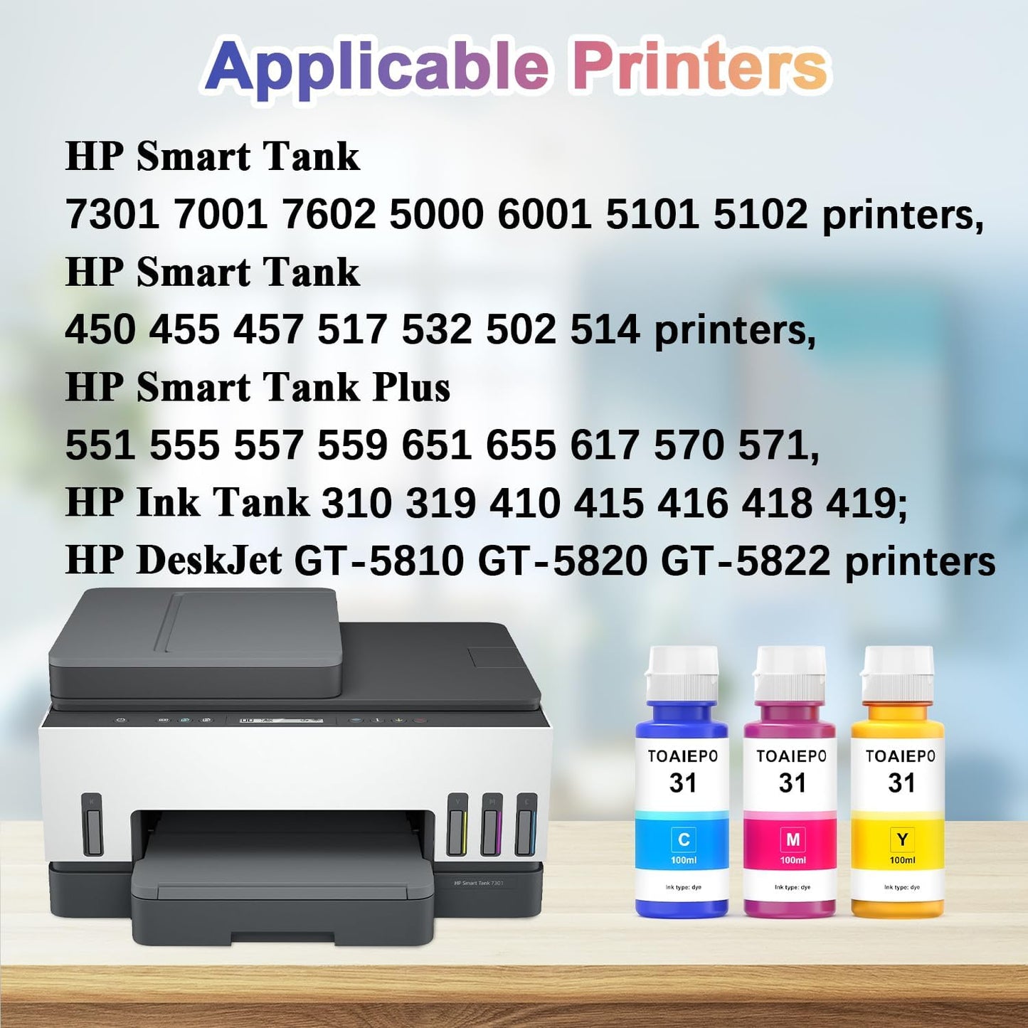 31 Refill Ink Bottles Replacement for H31 Ink Compatible with HP Smart Tank 7602 Ink Refill,Work for HP Smart Tank 5101 7001 7301 Ink Tank Printer