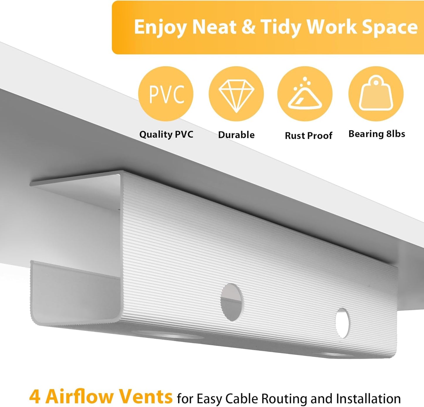 ZhiYo 2 Pack Large Capacity Cable Management Tray, Under Desk Cable Tray 31.5in(2X L15.7in), PVC Standing Desk Cord Management Ideas, Cable Organizer for Office and Home - White