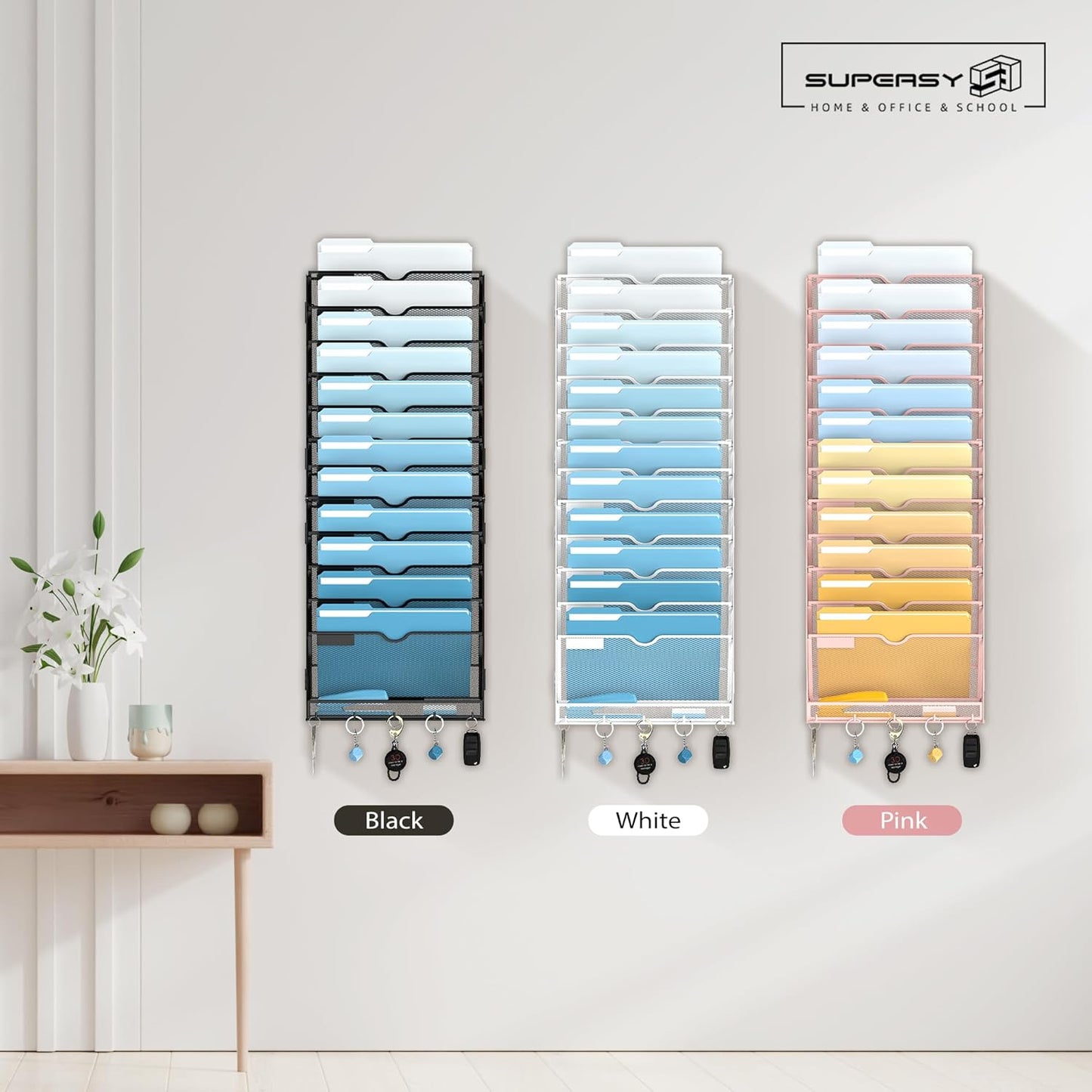 SUPEASY 13-Tier Wall File Organizer, Wall File Holder with Hooks, Mesh Hanging File Organizer, Mail Organizer Wall Mounted for Papers, Folders, Office Magazine Rack, Assembly Needed, Black