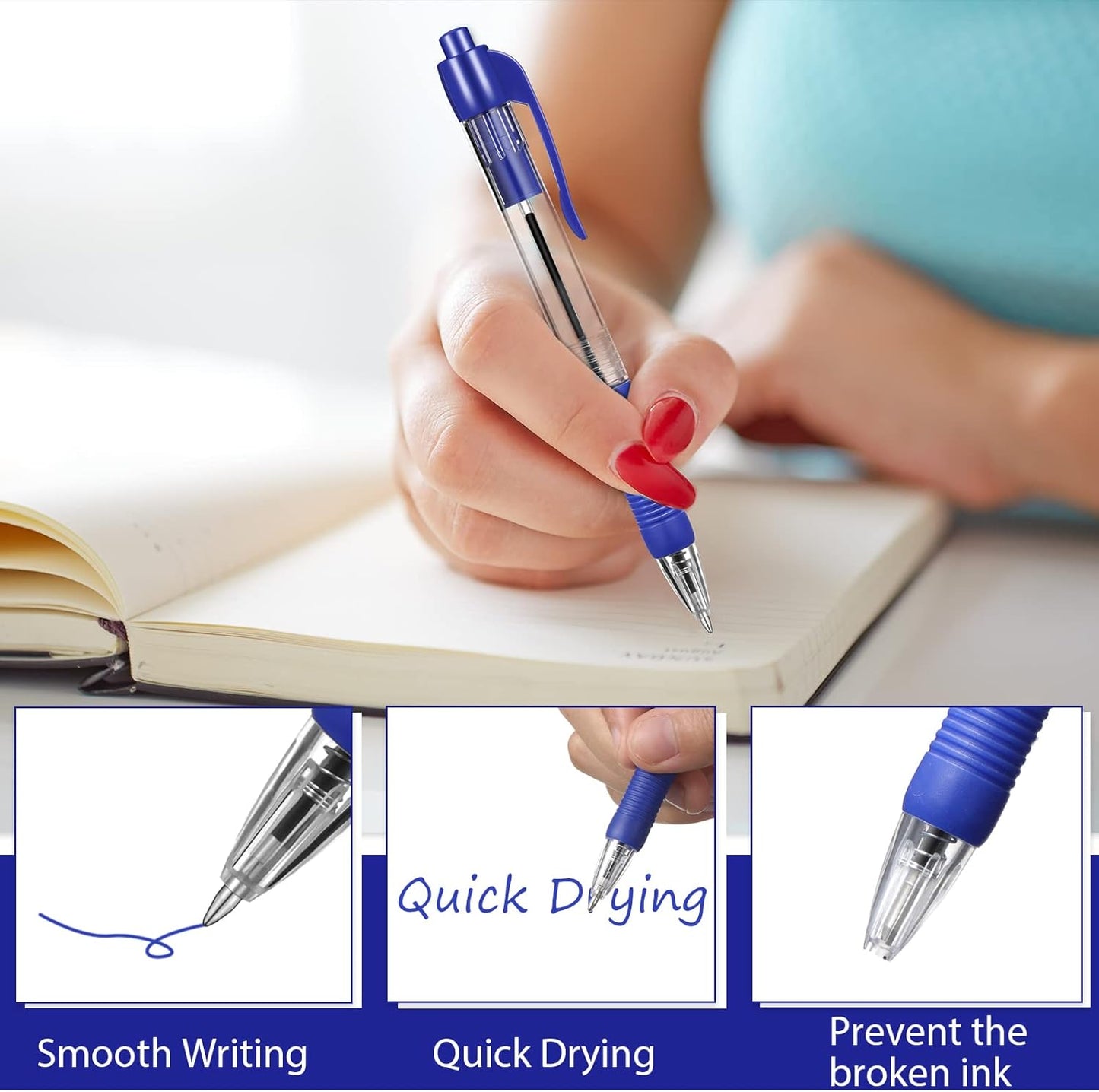 Fainne 200 Pack Retractable Ballpoint Pen 1.0 mm Medium Point Refillable Smooth Click Writing Pens With Grip for Work Journal Writing Office School Supplies(Blue Ink)