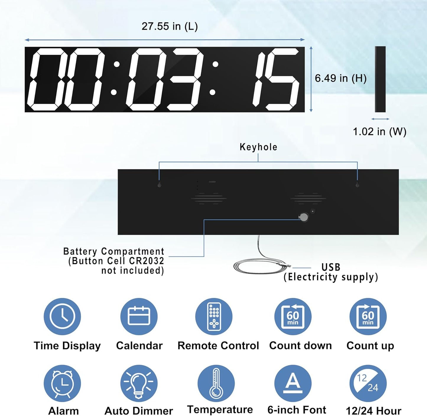 Digital Wall Clock, Oversize Led Digital Clock with Auto Dimmer, Huge Countdown Timer with Remote Control, 27" Wide Led Display, 6 Digits, Wall Mount, Date and Temperature (White)