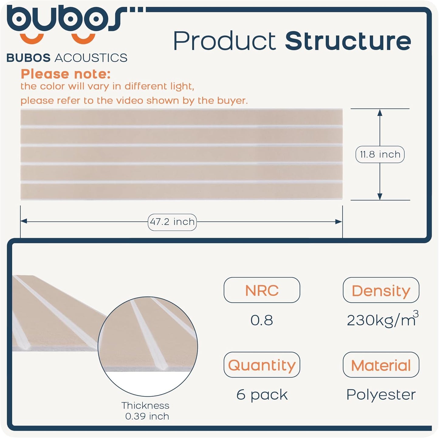 BUBOS 6 Pack Large Acoustic Panels,48x12Inch SoundProof Panels for Walls,Self Adhesive Acoustic Wall Panels,Decorative Sound Panels for Home Studio Office (Camel 02)