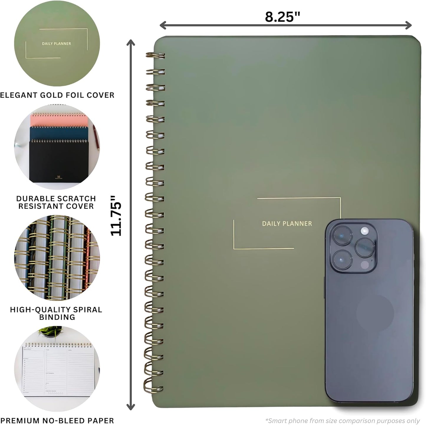 Undated Daily Planner | 8.25” x 11.75” To Do List Notebook | Work Productivity ADHD Organizer | Men and Women Planner | College Supplies | Evergreen | Portrait Layout