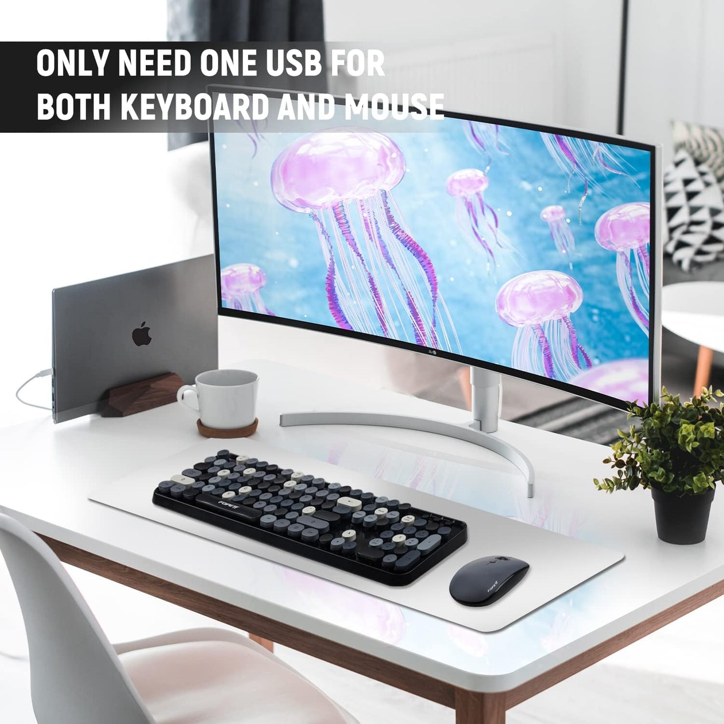 FOPETT Wireless Keyboard and Mouse Combo, 104 Keys Full-Sized 2.4 GHz Round Keycap Colorful Keyboards, USB Receiver Plug and Play, for Windows, Mac, PC, Laptop, Desktop (Grey)