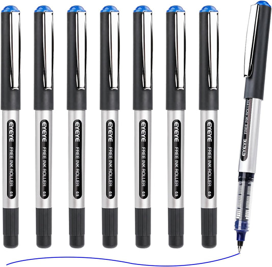 EYEYE Blue Ink Rollerball Pens Extra Fine Point Quick Dry, 8 Pack 0.5mm Liquid Ink Pen Fine Point Smooth Writing Pens for Journaling, Note Taking, Office, School Supplies