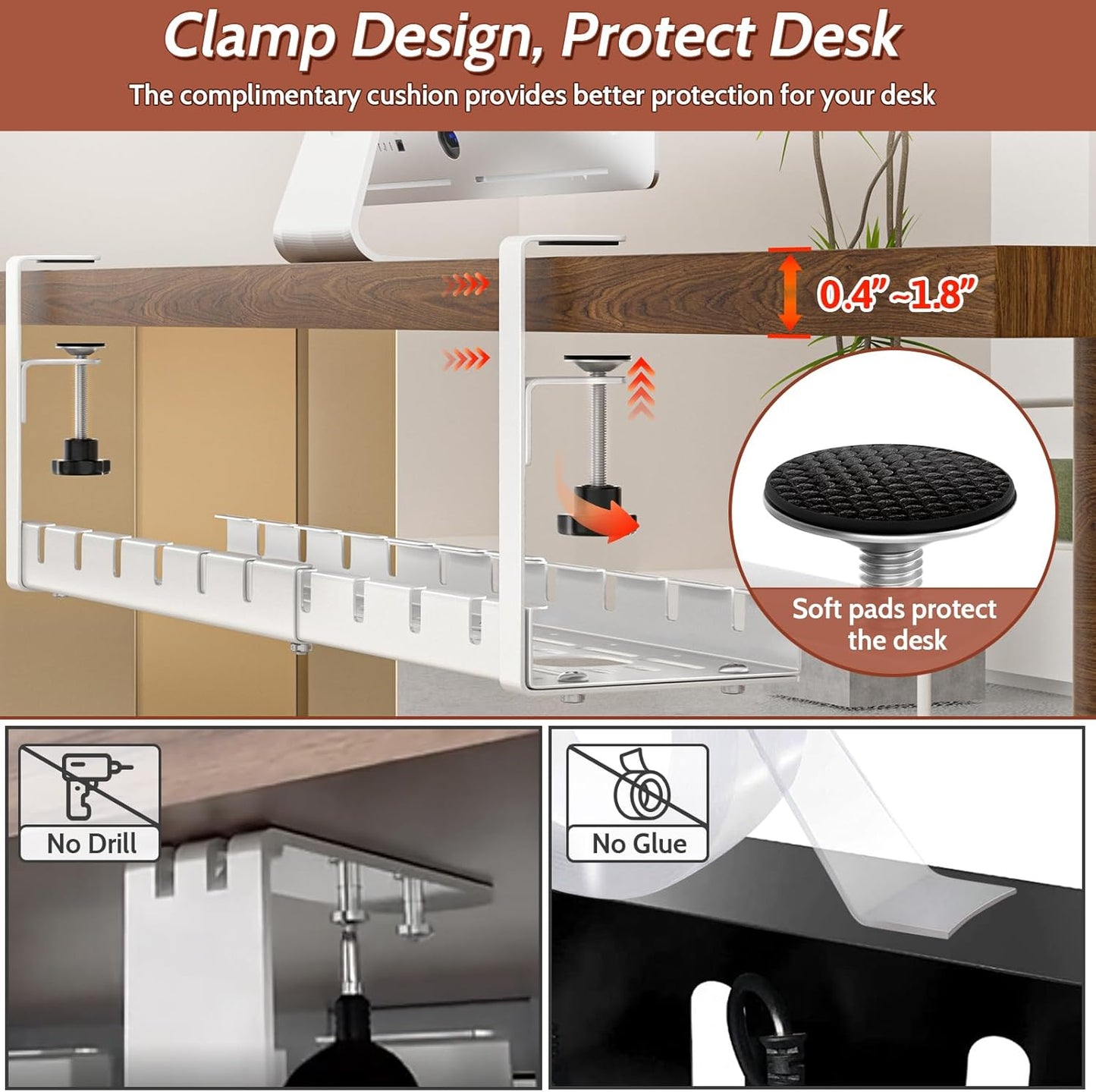Shikha Cable Management Under Desk, 15.7"-31" Retractable Cable Management Tray, No Drilling Cord Organizer with Clamp for Desk, Under Table Wire Management Tray for Home Office -White