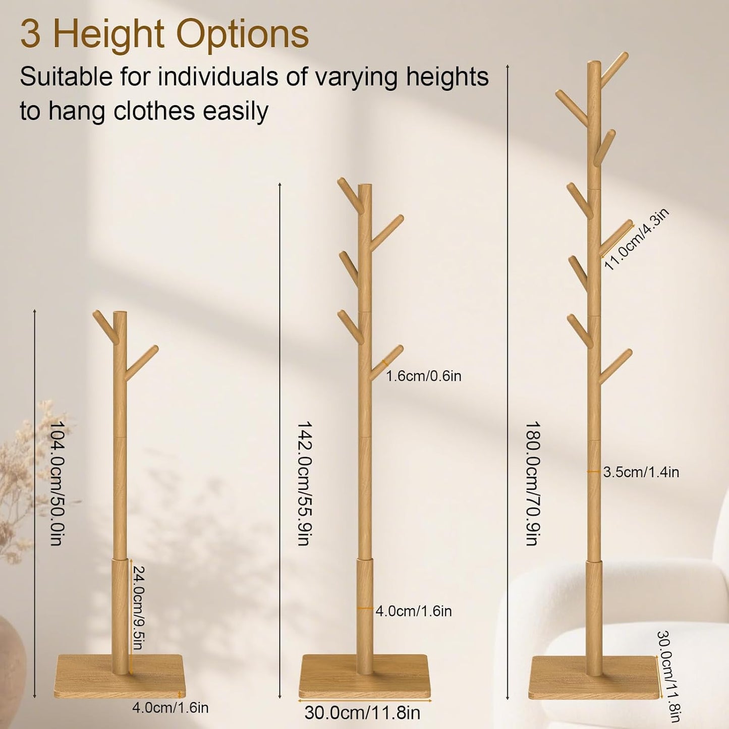 Coat Rack Freestanding with Stable Square Base for Cloathes, Hat, Used in Bedroom, Office and Entryway, Sturdy and Easy Assembly Coat Tree with 3 Adjustable Sizes and 8 Hooks, Natural
