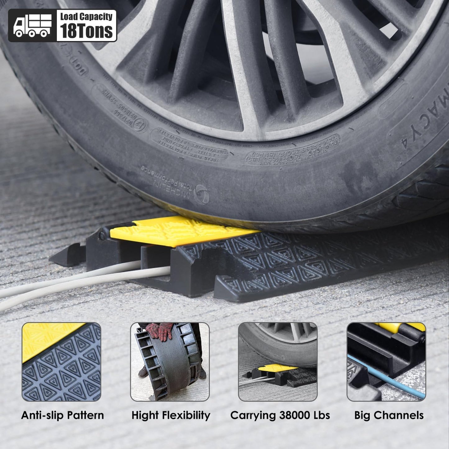 Heavy-Duty Rubber Cable Protector Ramp, Floor Cable Wire Cord Cover Speed Bumps 22000 Lbs Load Capacity, Driveway Hose Cable Ramp Protective Cover for Indoor Outdoor (Small 2-Channel x 4Pcs)