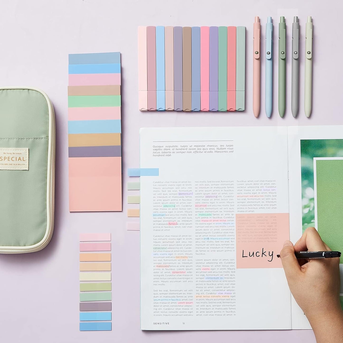 Jutom 39 Pcs Aesthetic Book Annotation Kit Highlighter with Pencil Case Bag Gel Pen Transparent Sticky Note Taking Bible Study College School Supplies(Green,Cute Style)