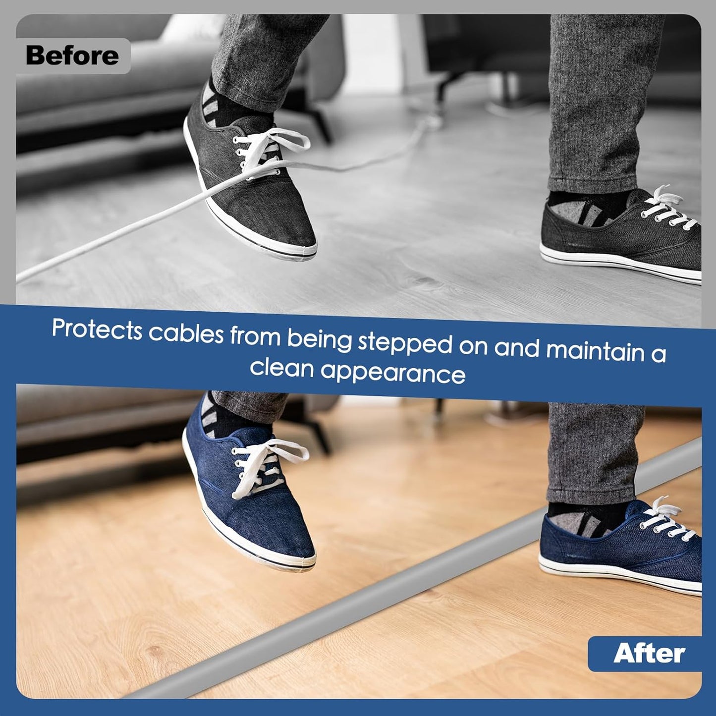 Floor Cord Cover for Wires on Floor Self Adhesive Cord Hider Floor Cable Management Wire Covers for Cords Protector Prevent Cable Trips Cord Cavity W 0.51" x H 0.31", Gray, 3.3Ft