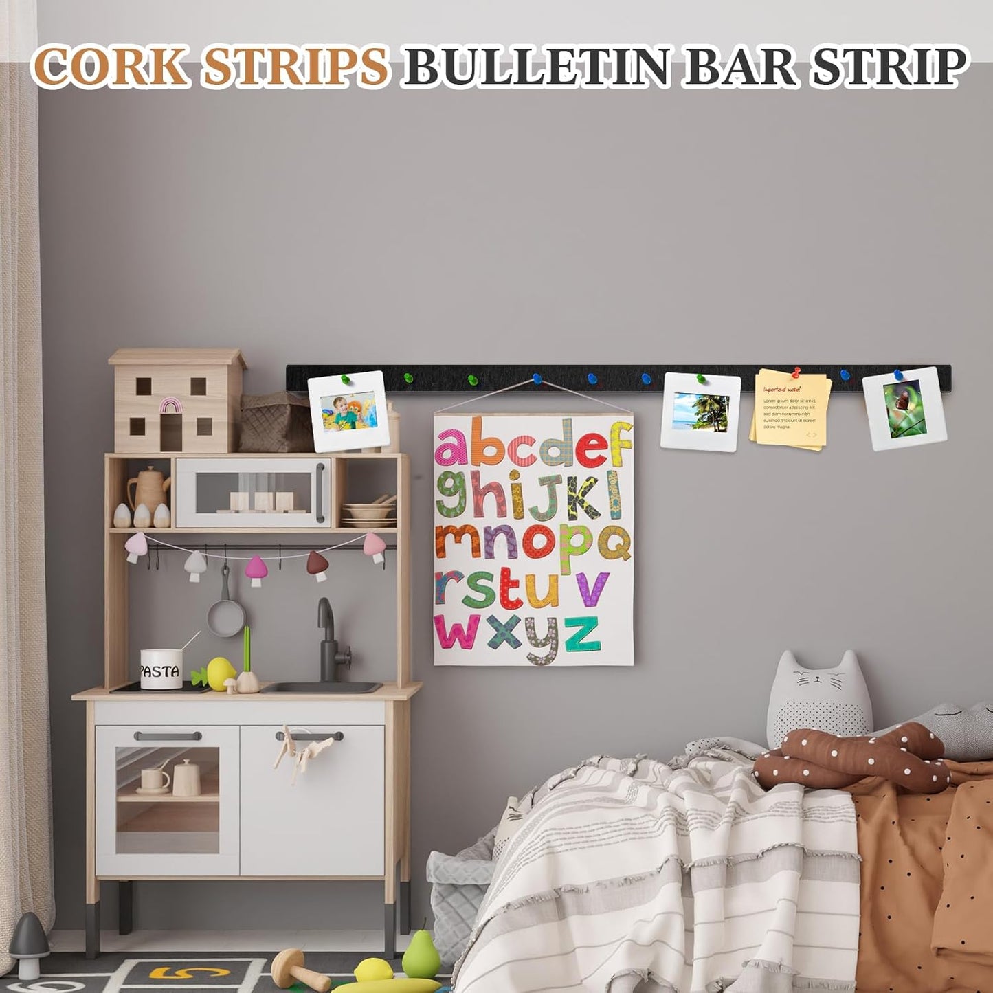 4 Pcs 48" x 1" Foldable Felt Cork Strips Bulletin Bar Strip for Wall Bulletin Board Decoration, Notice Board Self Adhesive Cork Wall Decoration, Paste Note, Photo, Schedules, Office Home Decor