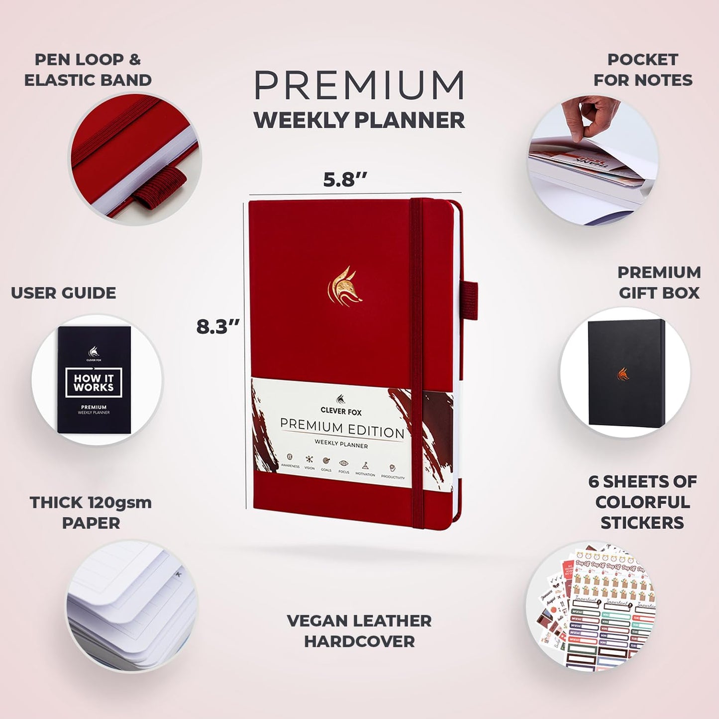 Clever Fox Planner Premium Edition – Undated Luxurious Weekly & Monthly Planner to Increase Productivity and Hit Your Goals – Organizer – Start Anytime, A5, Lasts 1 Year, Red (Weekly)