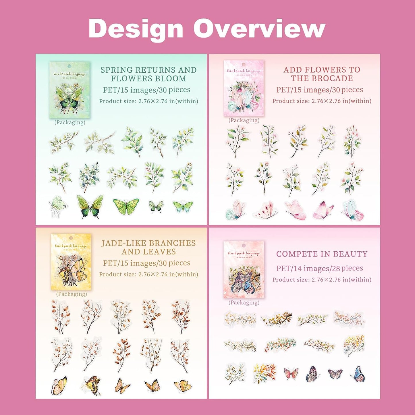 Butterfly and Branch PET Sticker Set, 120PCS Botanical Stickers for Scrapbooking, Journaling, DIY Crafts, and Planner Supplies