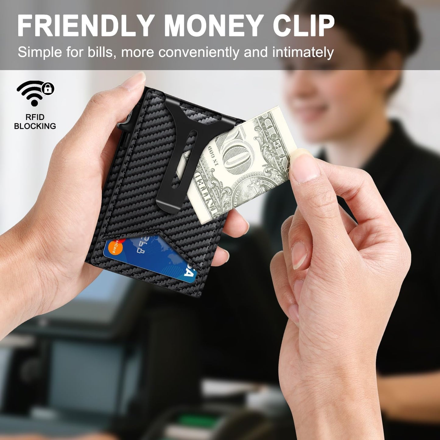 Wallet for Men, RFID Wallet with Money Clip & ID Window, Minimalist Pop Up Credit Card Case Holder 10-12 Cards, Bifold Slim Smart Wallet for Front Pocket, Compact Metal Wallets, Gifts for Men, Carbon