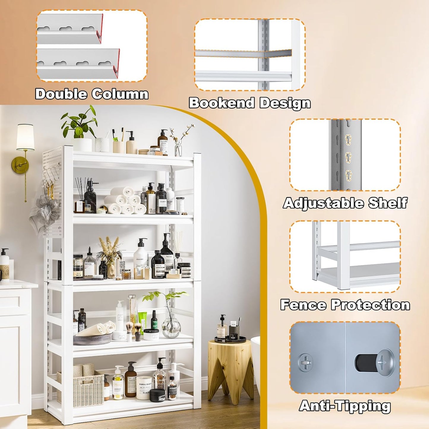 Bookshelves and Bookcases, 5 Tier Metal Bookshelf, 63" Tall Bookcase, Adjustable White Book Shelf, Heavy Duty Storage Shelves for Bedroom, Living Room, Home Office, School, Bathroom and Kitchen