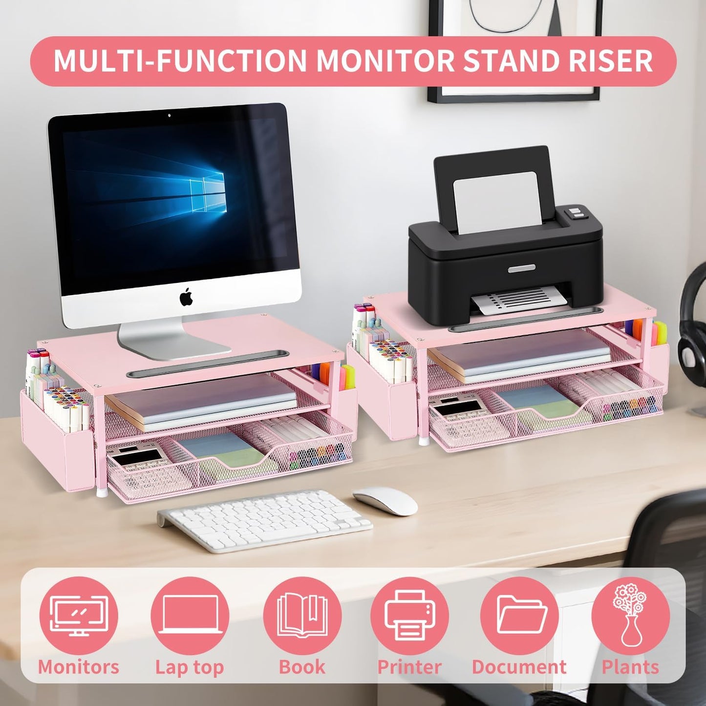 AUPSEN Pink Desk Organizers and Accessories, 2-Tier Wood Computer Monitor Stand with Drawer, Pen Storage & Phone Holder, Office Desk Accessories, Workspace Desktop Organization for Office Supplies