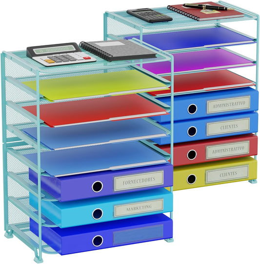 Simple Trending 2 Pack 8 Tier Letter Tray Paper - Mesh Desk File Organizer for Office School Desktop, Blue