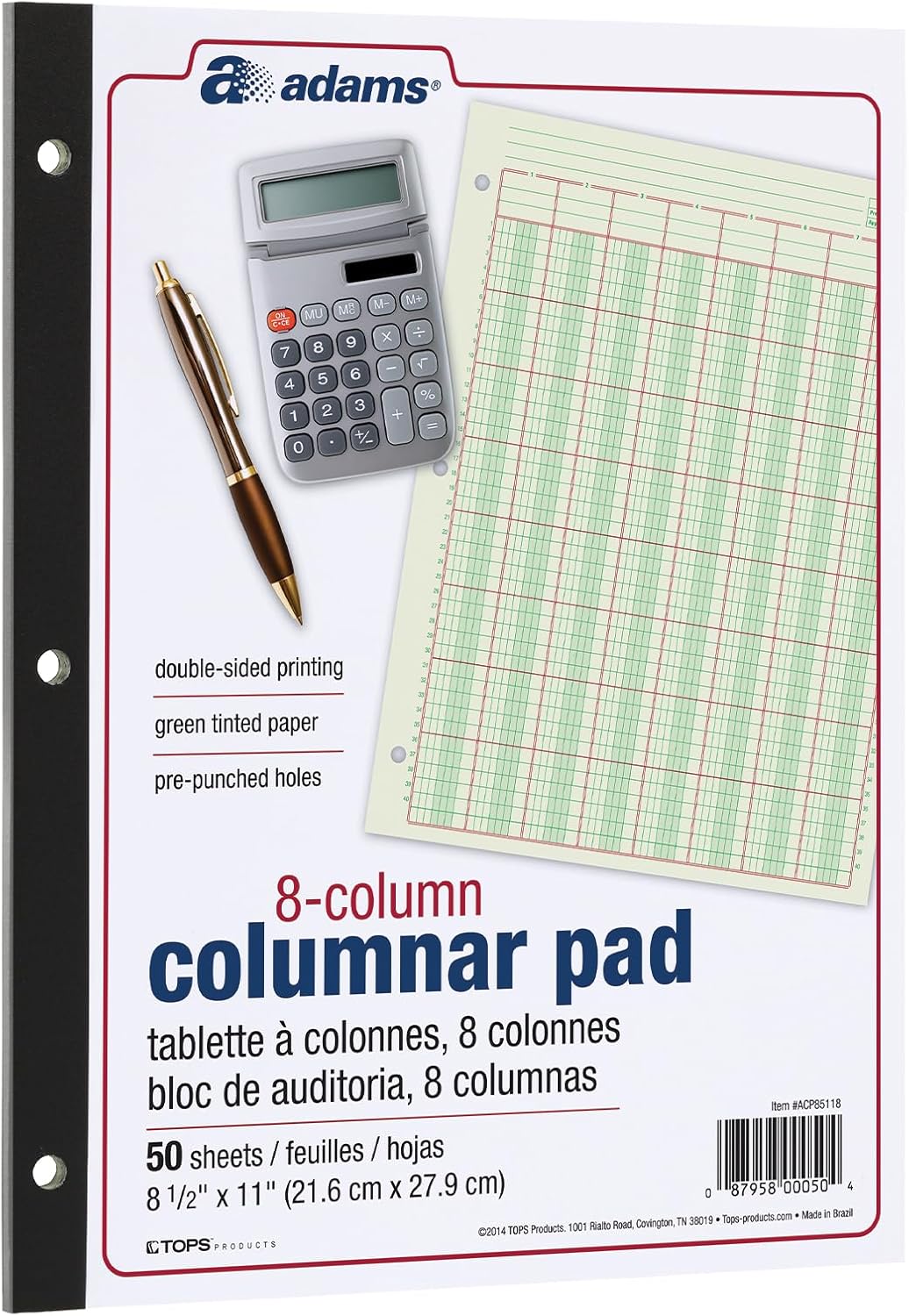 Adams Columnar Analysis Pad, 8 Column Ledger, 8.5" x 11", 100 Pages (50 Sheets), Green, 3 Hole Punch, for Accounting, Bookkeeping & Data (ACP85118)