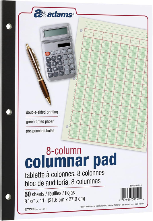 Adams Columnar Analysis Pad, 8 Column Ledger, 8.5" x 11", 100 Pages (50 Sheets), Green, 3 Hole Punch, for Accounting, Bookkeeping & Data (ACP85118)