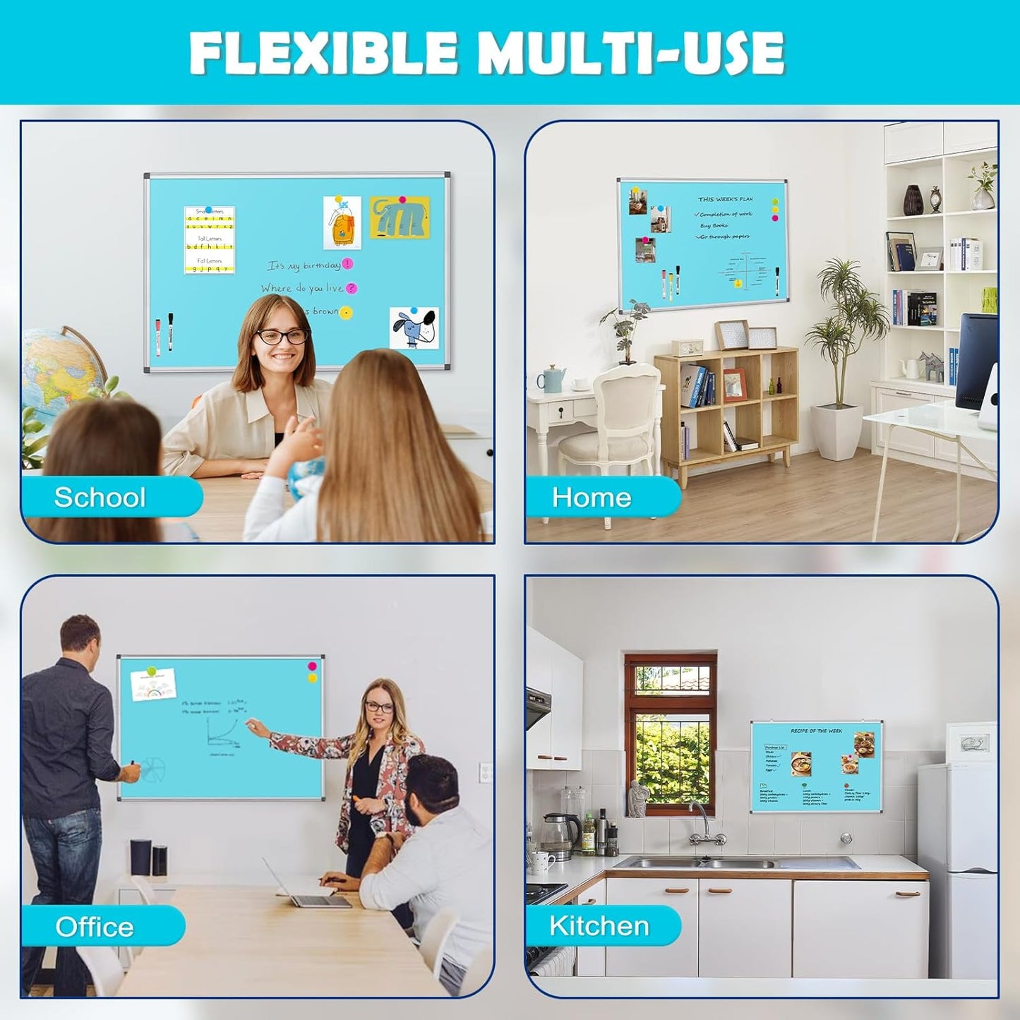 WALGLASS Magnetic Whiteboard 24"x18" Dry Erase White Board for Walls with Pen Tray, Aluminium Frame and Dry-Wipe Writing Surface for Kids' Drawing, Home, and Office (Blue)