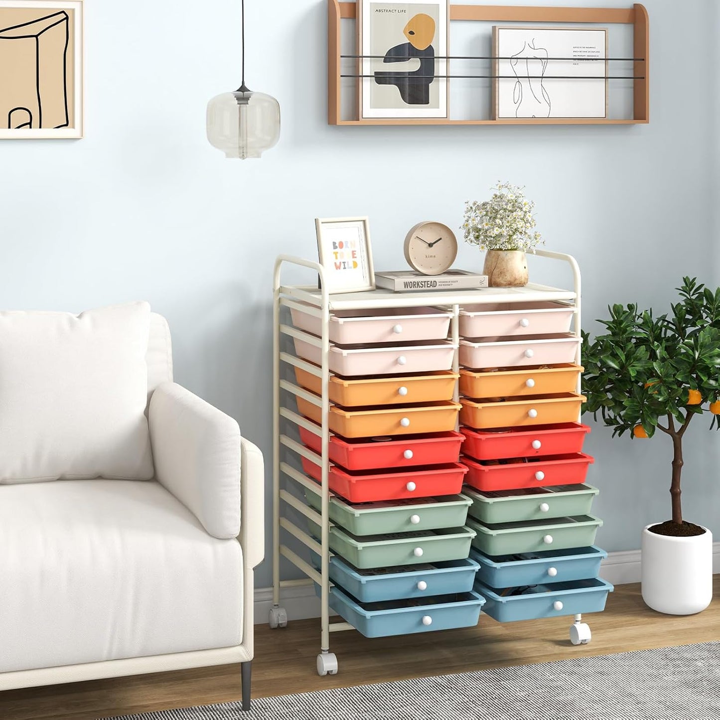 Giantex 20 Drawers Rolling Cart, Mobile Storage Drawer Cart, Classroom Organizer Cart for Office School Supplies Teacher Tools Scrapbook Paper Craft Small Printer, Utility Cart on Wheels, Macaron