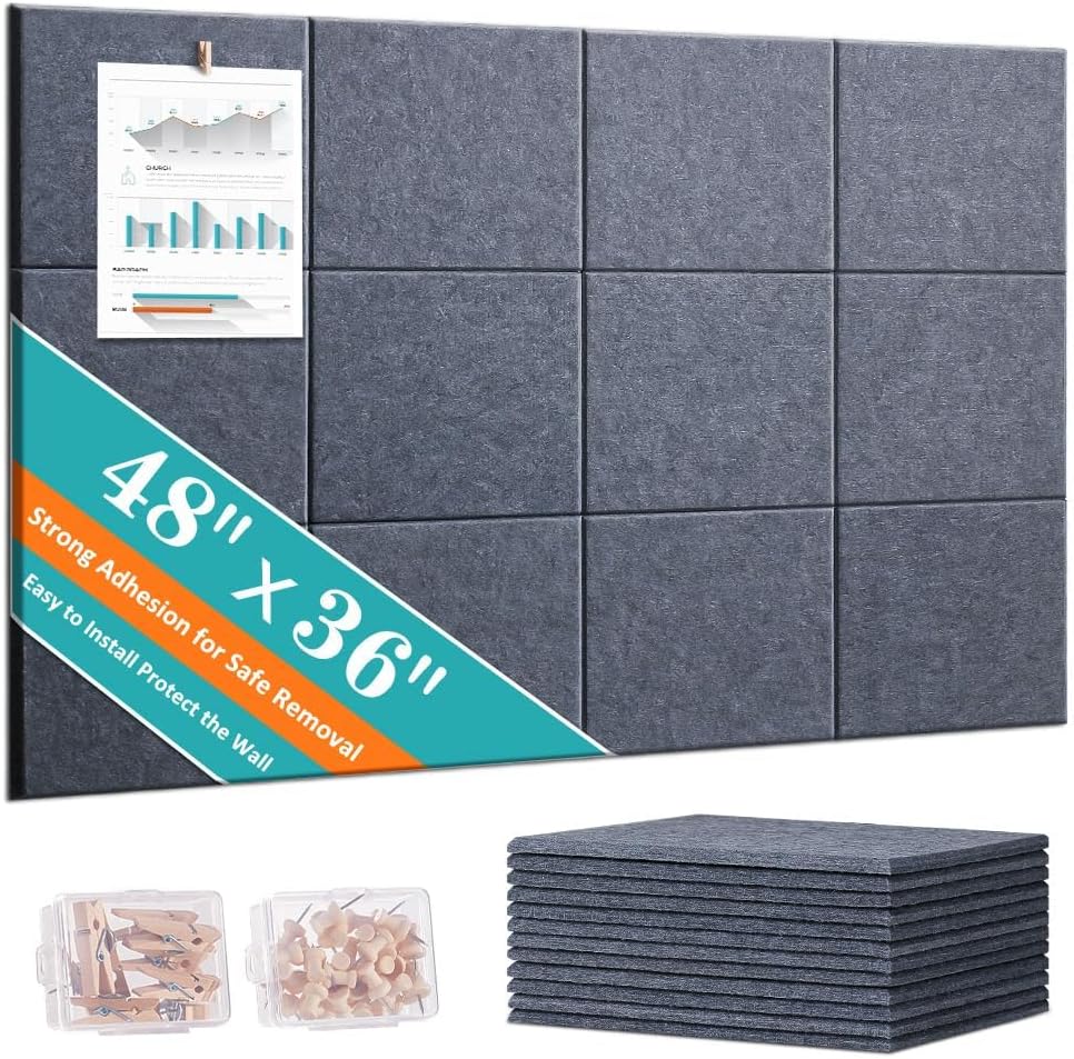Large Cork Bulletin Board - 48" x 36" Cork Board for Walls - 12 Pack Felt Wall Tiles with Safe Removable Adhesive Tabs - Bulletinboard for Office Classroom Home Decor - Drak Grey