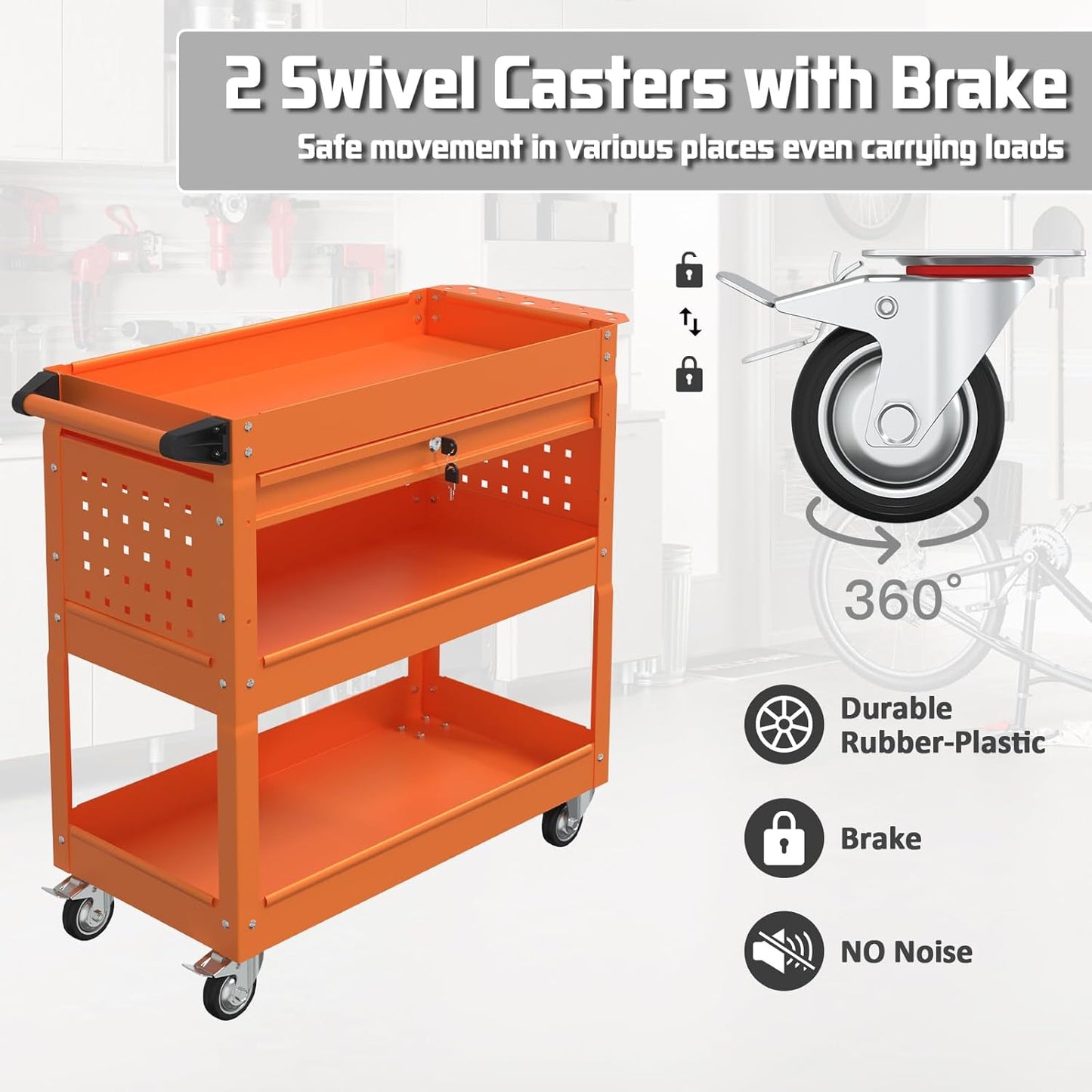 3 Tray Tool Cart with Drawers, 400 LBS Capacity Rolling Tool Carts on Wheels, Heavy Duty Utility Cart with Pegboard, Mechanic Tool Storage Cart for Garage, Warehouse and Repair Shop, Orange