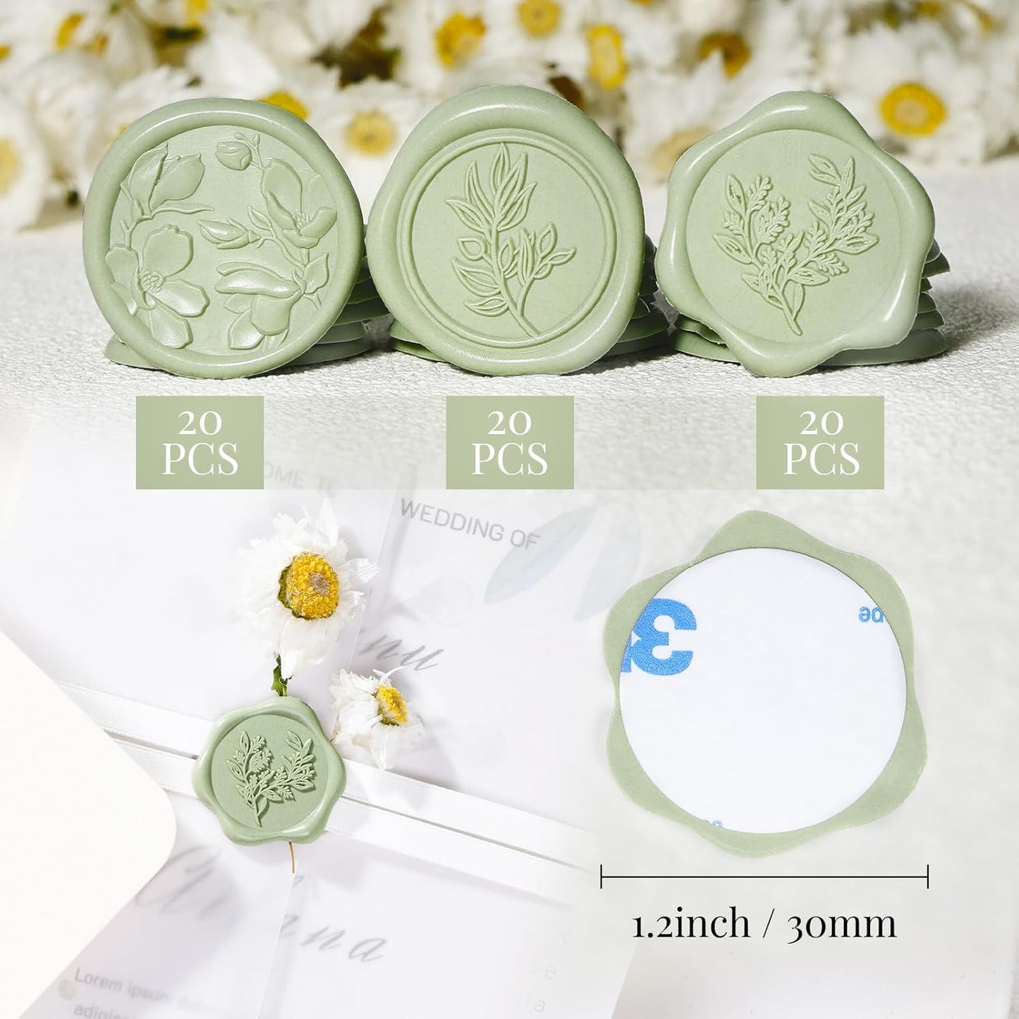 UNIQOOO Wax Seal Stickers - (3 Designs in 1 Pack) Wedding Invitation Envelope Seal Stickers, 60 Pcs Self-Adhesive Stickers, Perfect for Invitation, Christmas, Gift Wrapping (Sage Green)
