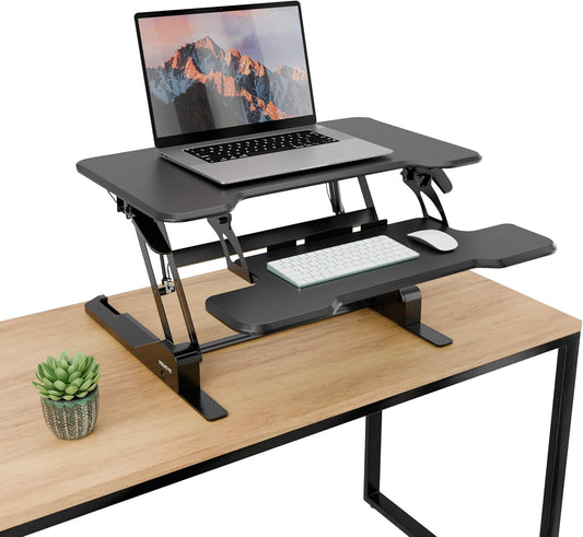 Mount-It! Height Adjustable Standing Desk Converter, Compact 30” Wide Tabletop Standing Desk Riser with Gas Spring, Desktop Stand Up Workstation with Keyboard Tray Fits Monitor or Laptop, Black