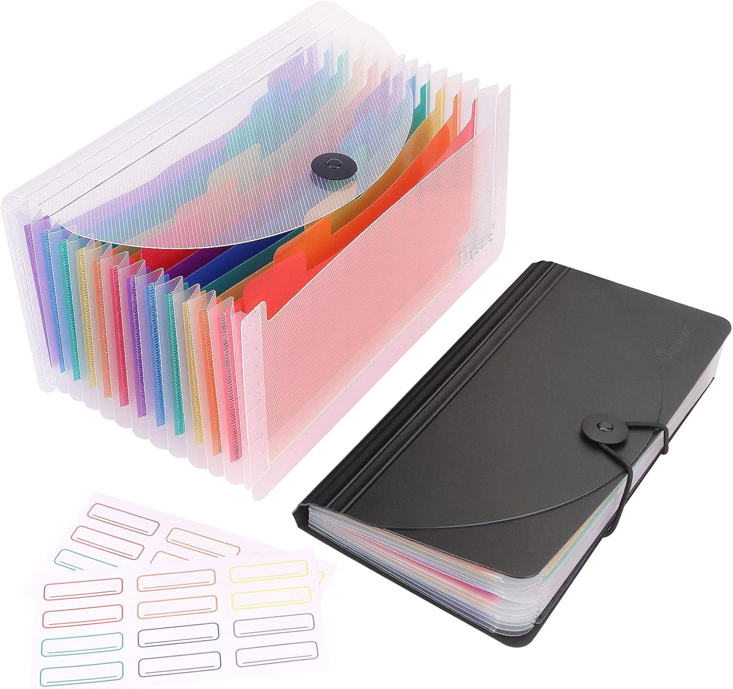 Uquelic 2 Pack Accordion File Folder - 13 Pockets Expanding Coupons Storage/Rainbow Large Capacity Bill Organizer for Desk with Label, Receipt Organizer for Business (Black&Clear)