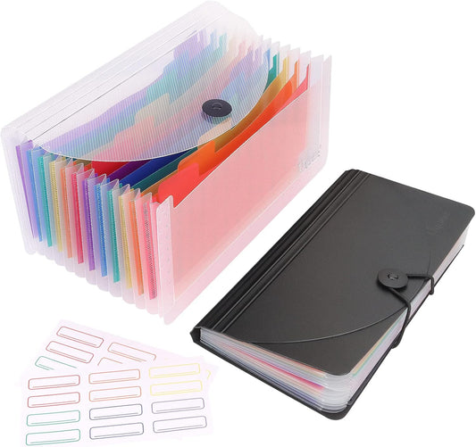 Uquelic 2 Pack Accordion File Folder - 13 Pockets Expanding Coupons Storage/Rainbow Large Capacity Bill Organizer for Desk with Label, Receipt Organizer for Business (Black&Clear)