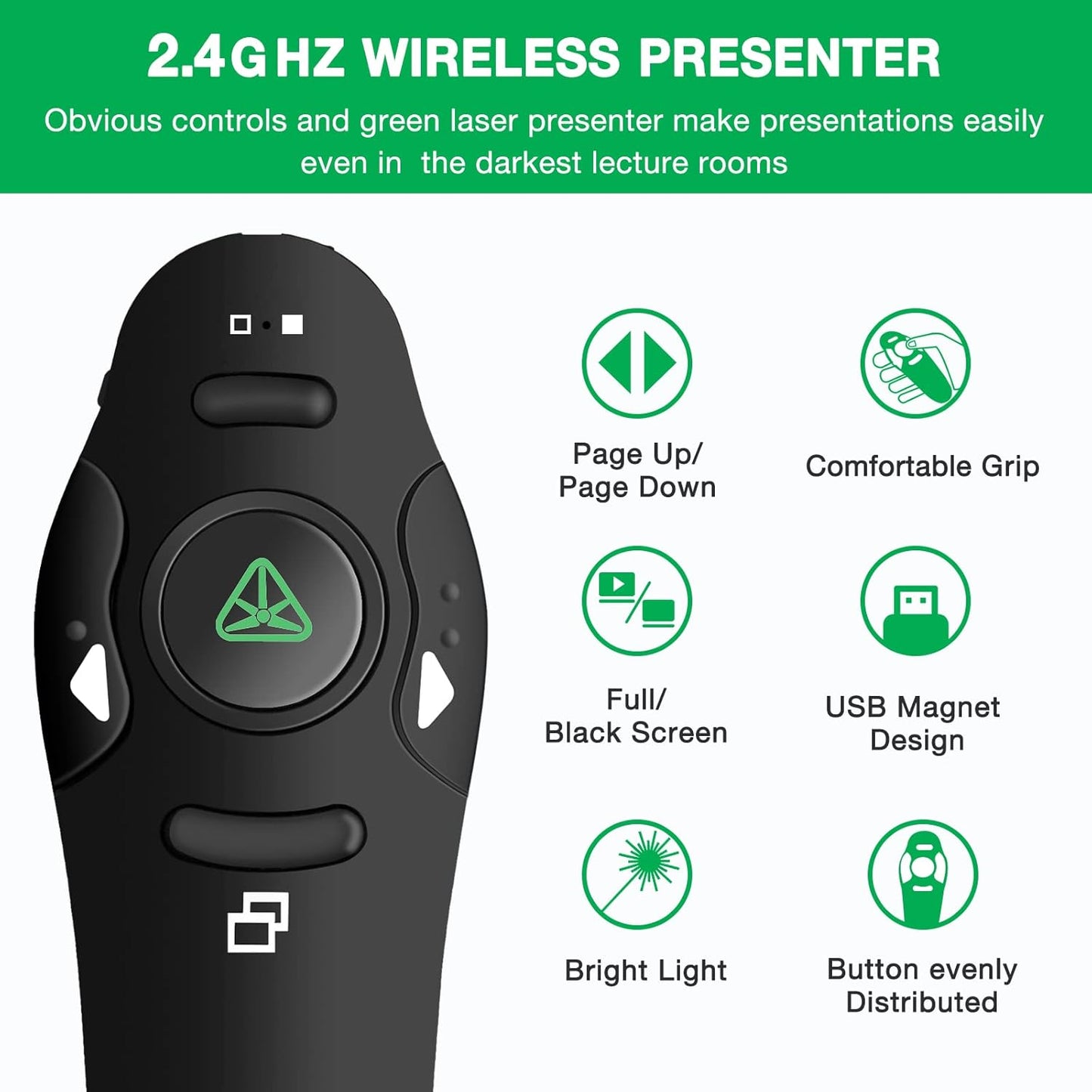 Rechargeable Presentation Clicker Wireless Presenter Remote USB Control Powerpoint PPT Clicker,Green Laser Pointer RF 2.4GHz Presenter Remote Google Slide Advancer for Computer/Laptop/Mac/Keynote