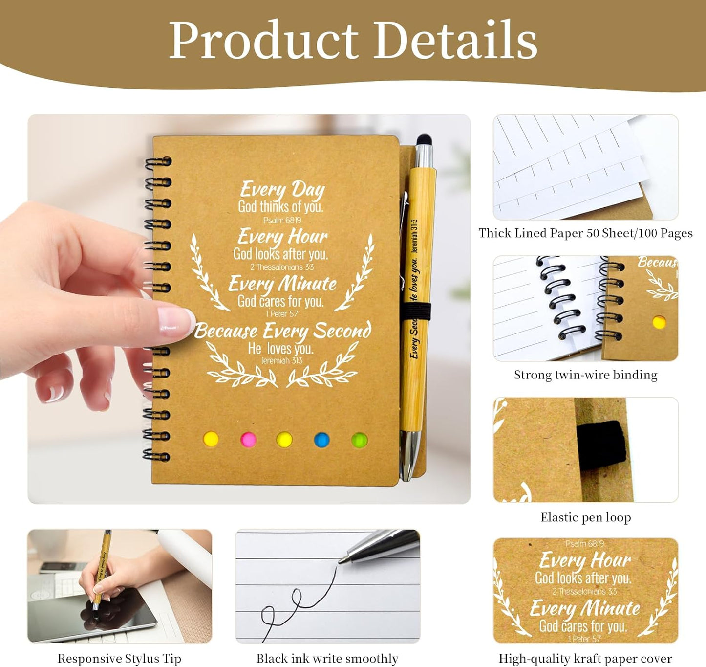 100 Pcs Bulk Fathers Day Christian Gifts Prayer Journal for Woman - 50 Set Religious Notepad with Christian Pen - Bible Notebook - Church Gifts for Inspirational, Bible Study, Devotions ( Brown )