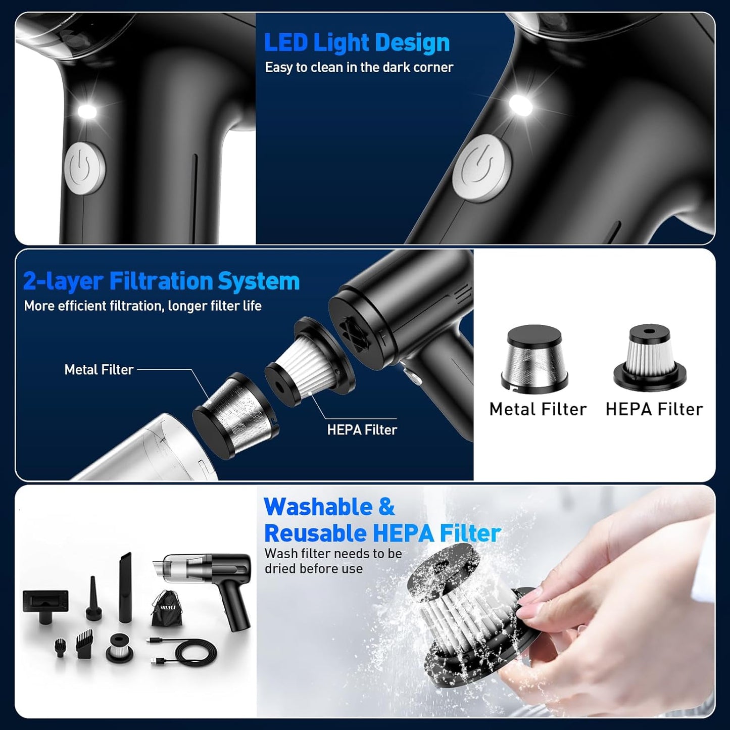 Handheld Car Vacuum Cleaner, 9000Pa Hand Held Vacuum Portable Cordless，2 in 1 Air Duster and Mini Vacuum Cleaner with LED Light, 120W High Power Small Vacuum for Car, Home, Office, Pet（Black）