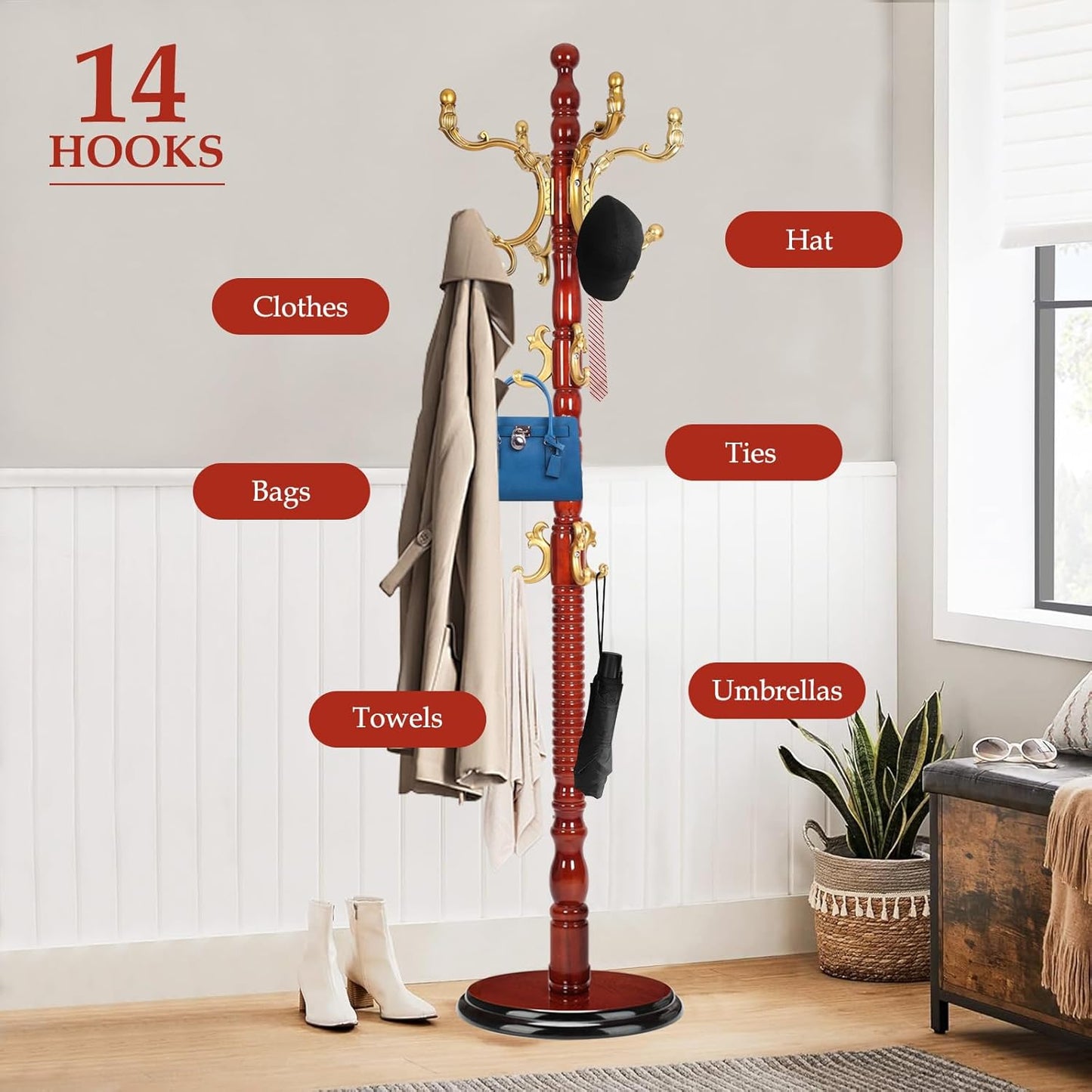 Wood Coat Rack Freestanding, Natural Coats Tree Stand with 14 Hooks, 73" Sturdy and Easy Assembly Coat Rack Stand for Entryway, Hallway, Bedroom, Bags, Hats (Heavy-duty Disc Base, Golden)