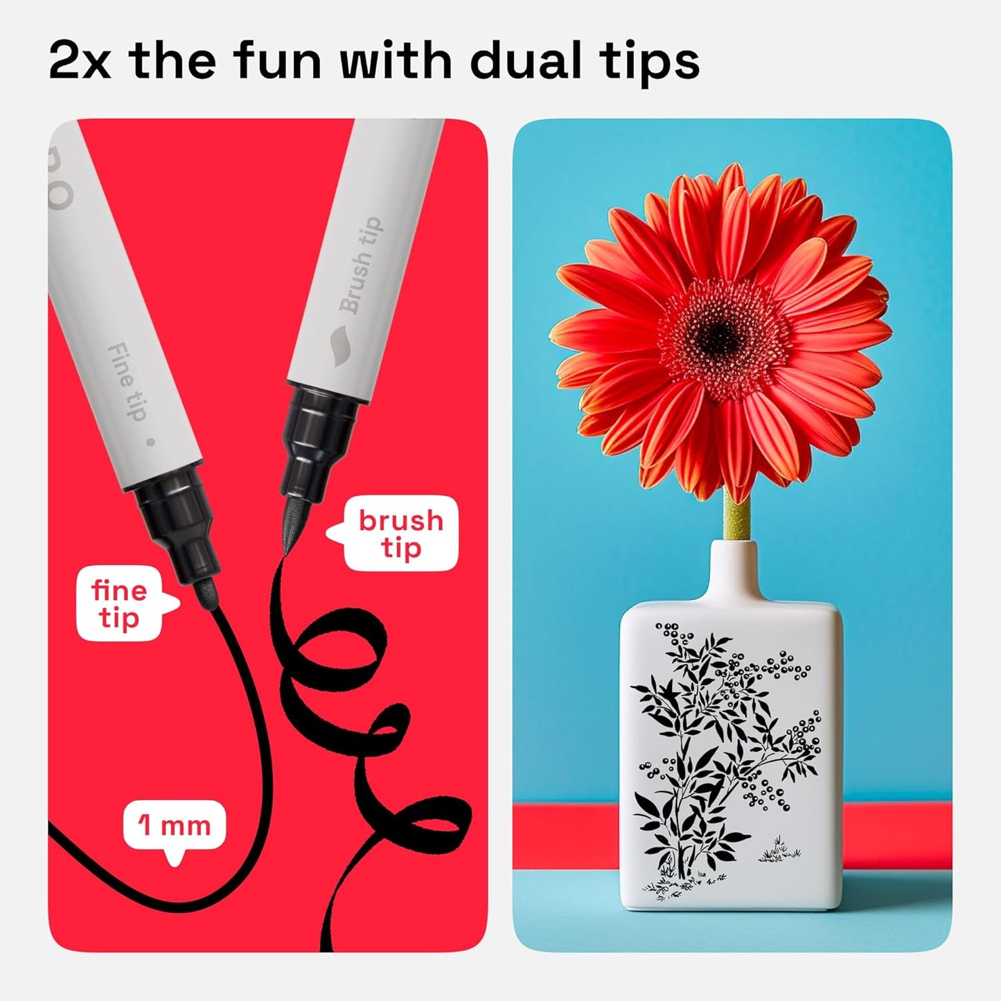 ARTISTRO 2 Black Dual-Tip Acrylic Paint Pens - Multisurface Markers for Fabric, Plastic, & More, 1 mm Fine & Brush Tips