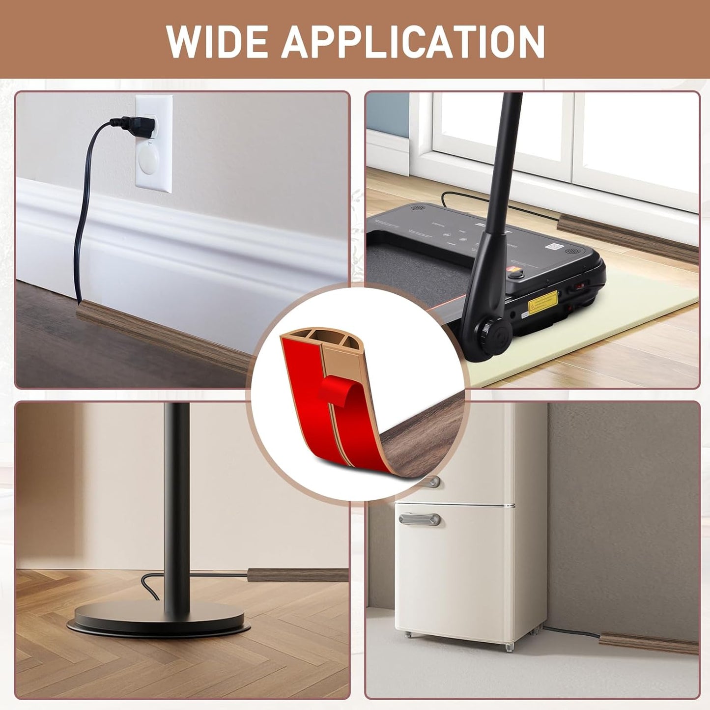 Floor Cord Cover Self Adhesive Cord Hider Floor Extension Cord Covers for Floor Power Cord Protector Cable Management Prevent Cable Trips Cable Cavity 0.59" W x 0.31" H (Smoked Brown Wood, 10Ft)