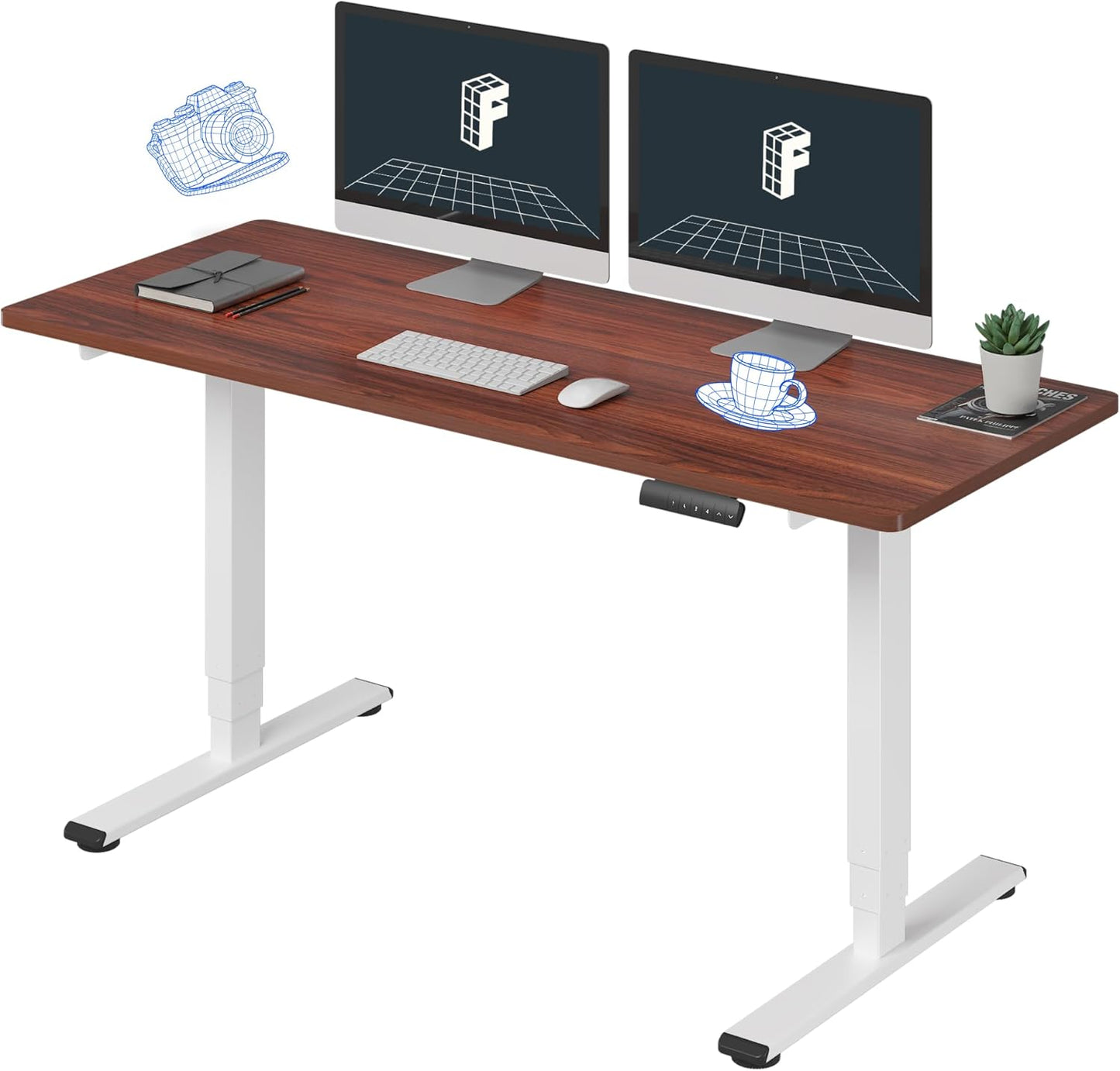 FLEXISPOT E6 Essential Standing Desk 3 Stages Dual Motor Electric 60x24 Inch Whole-Piece Board Height Adjustable Electric Sit Stand Desk(White Frame + Mahogany Desktop, 2 Packages)