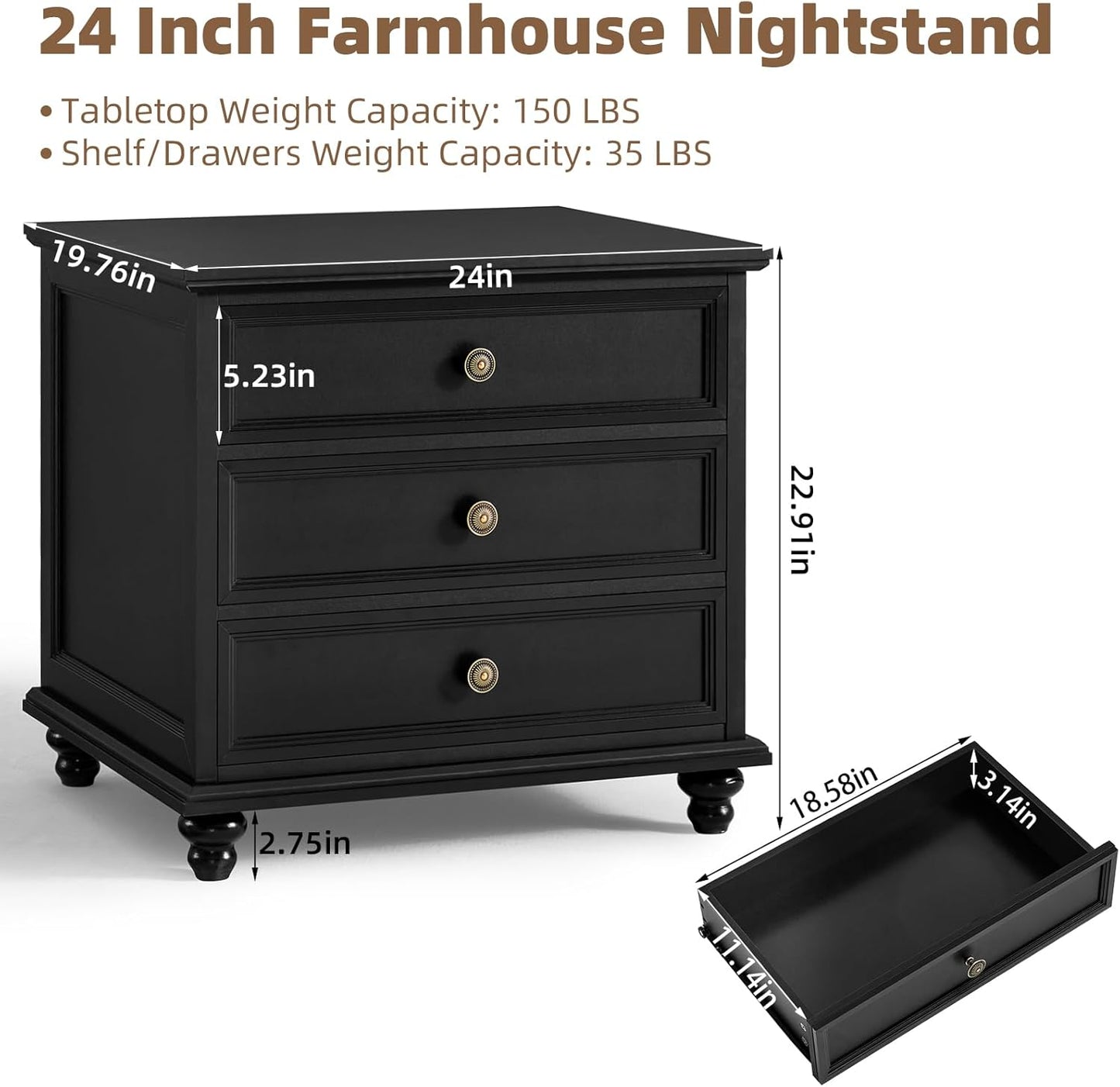 24" Wide Farmhouse Night Stand Set of 2,Large End Table with 3 Drawers & Metal Handle,Wood Dresser for Bedroom Cabinet, Bed Side Table Chest of Drawers,Nightstand for Living Room,Closet,Black